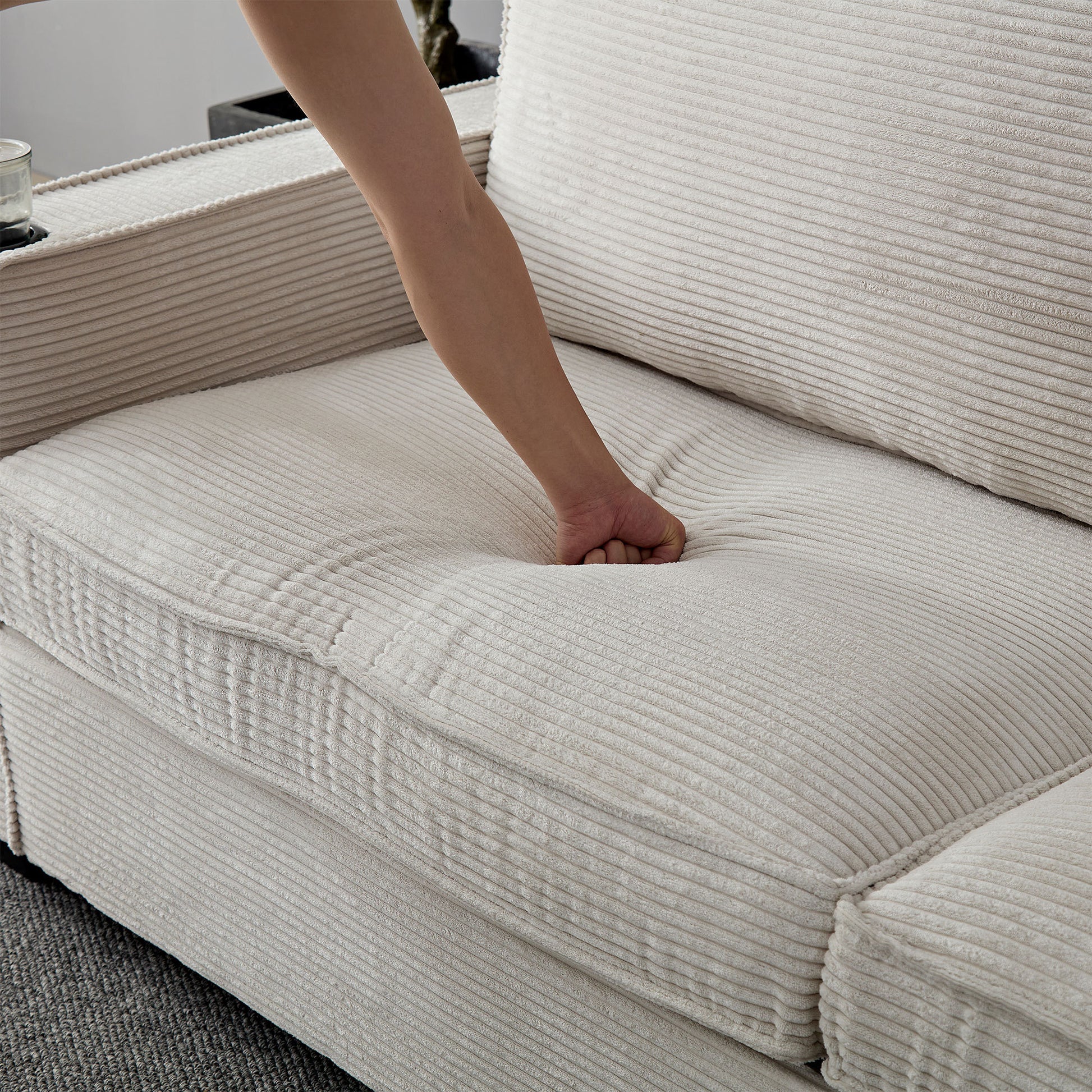 Corduroy Sofa, 87.4 Inch Modern Design Sofa With Cup Holder And Storage Bags, Deep Seat Sofa Couch,Comfy Couch For Living Room,Apartment,Beige Beige Corduroy 3 Seat