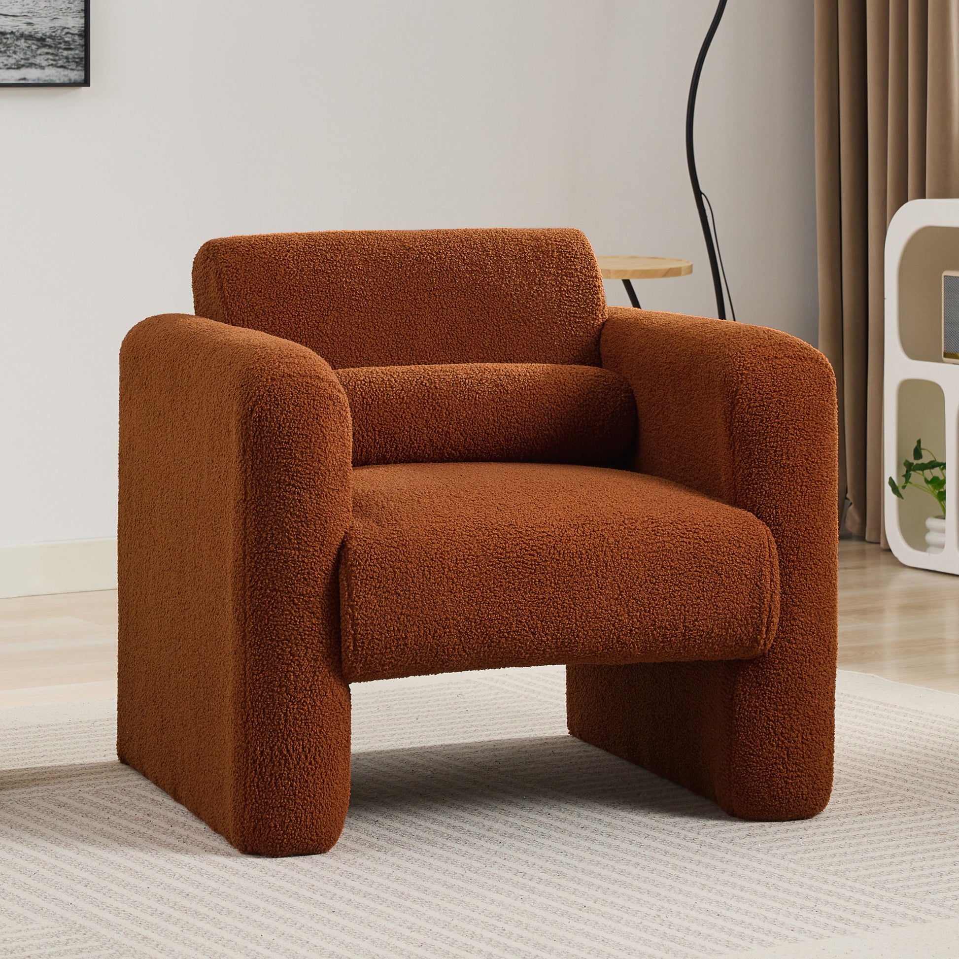 Modern Accent Chair Lambskin Sherpa Fabric Upholstered Comfy Reading Arm Chair Soft Padded Armchair With Back And Pillow For Living Room Bedroom Reception Waiting Room Office,Burnt Orange Burnt