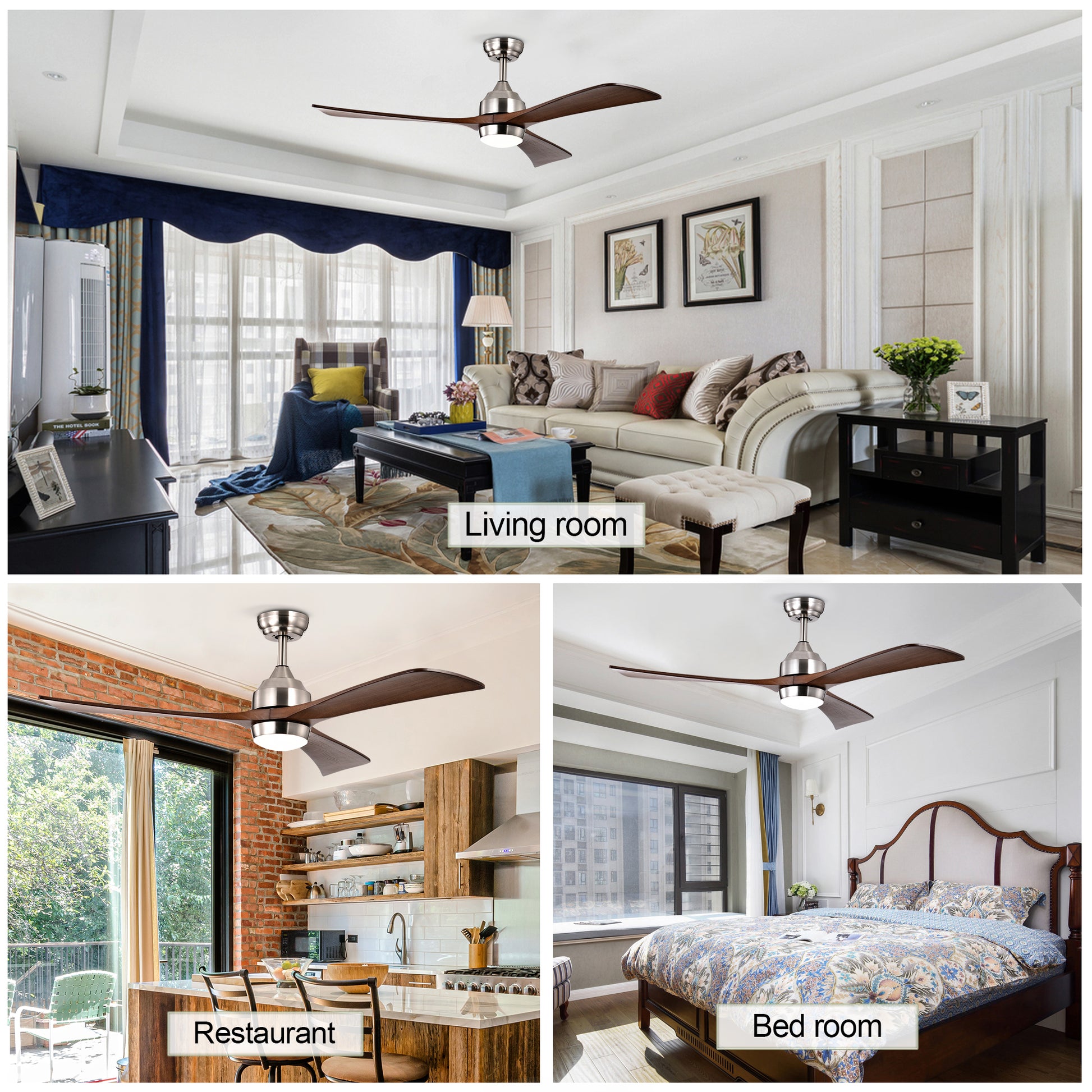 52" Ceiling Fan With Lights Remote Control,Quiet Dc Motor 3 Wood Blade Ceiling Fans 6 Speed Levels,Reversible Ceiling Fan, For Patio Living Room, Bedroom, Office,Indoor. Stain Nickel Walnut Nickel Contemporary,Farmhouse,Industrial Wood Iron