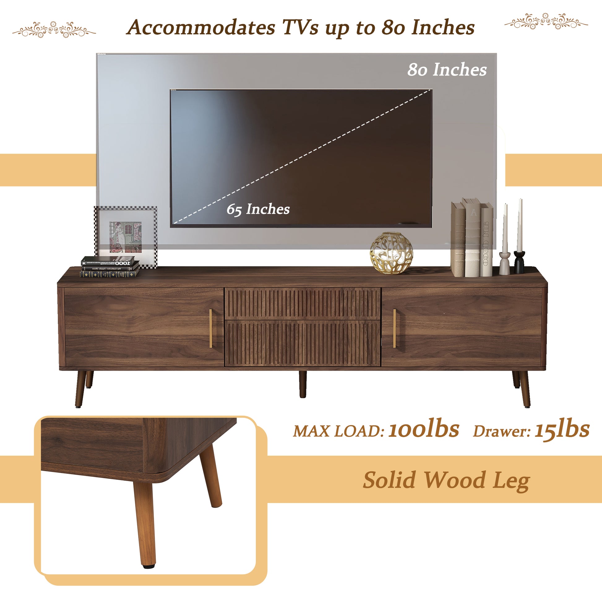 Mid Century Tv Stand With 2 Drawers, Media Console Table For Tvs Up To 80'', Entertainment Center With Storage For Living Room, Bedroom, Home Theatre Walnut Primary Living Space 70 79 Inches 70 79