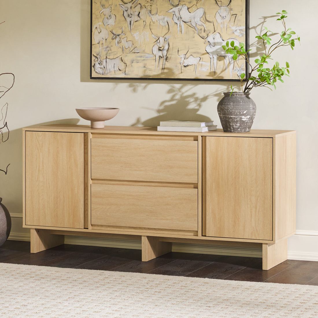 63" Scandi Sideboard With Beveled Drawers, Coastal Oak Light Brown Mdf Mdf