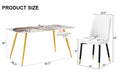 Table And Chair Set.Modern Minimalist Dining Table. White Imitation Marble Pattern Sintered Stone Desktop With Golden Metal Legs.Paried With 6 Comfortable Chairs With Pu Seats And Black Metal Legs.