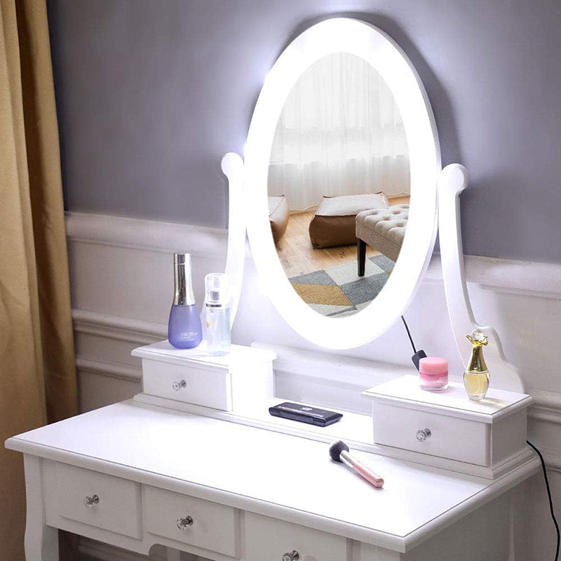 Vanity Desk And Stool Set, Vanity Mirror With Lights And Table Set, Small Vanity Table For Bedroom White Milk White Wood