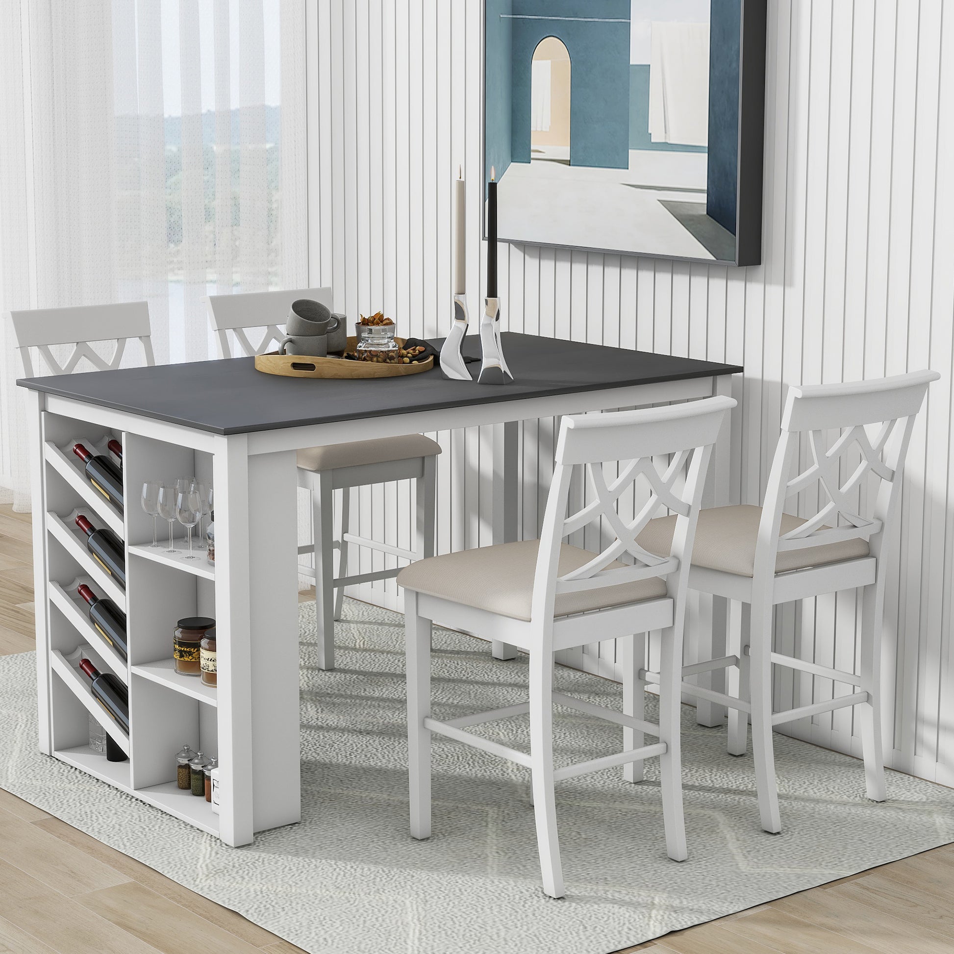 Updated Counter Height 5 Piece Solid Wood Dining Table Set, 59*35.4Inch Table With Curved Wine Rack And 4 Upholstered Chairs, White Wood Dining Room Solid Wood Rubberwood Rectangular Dining Table With Chair Wood Wood White Solid Back Seats 4 Farmhouse 4