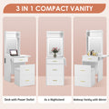 Small Vanity Desk With Mirror And Light, Dressing Table With Charging Station & Fold Up Panel For Small Space, Compact Makeup Vanity Set With Hidden Stool For Bedroom, White White Mdf,Tempered Glass