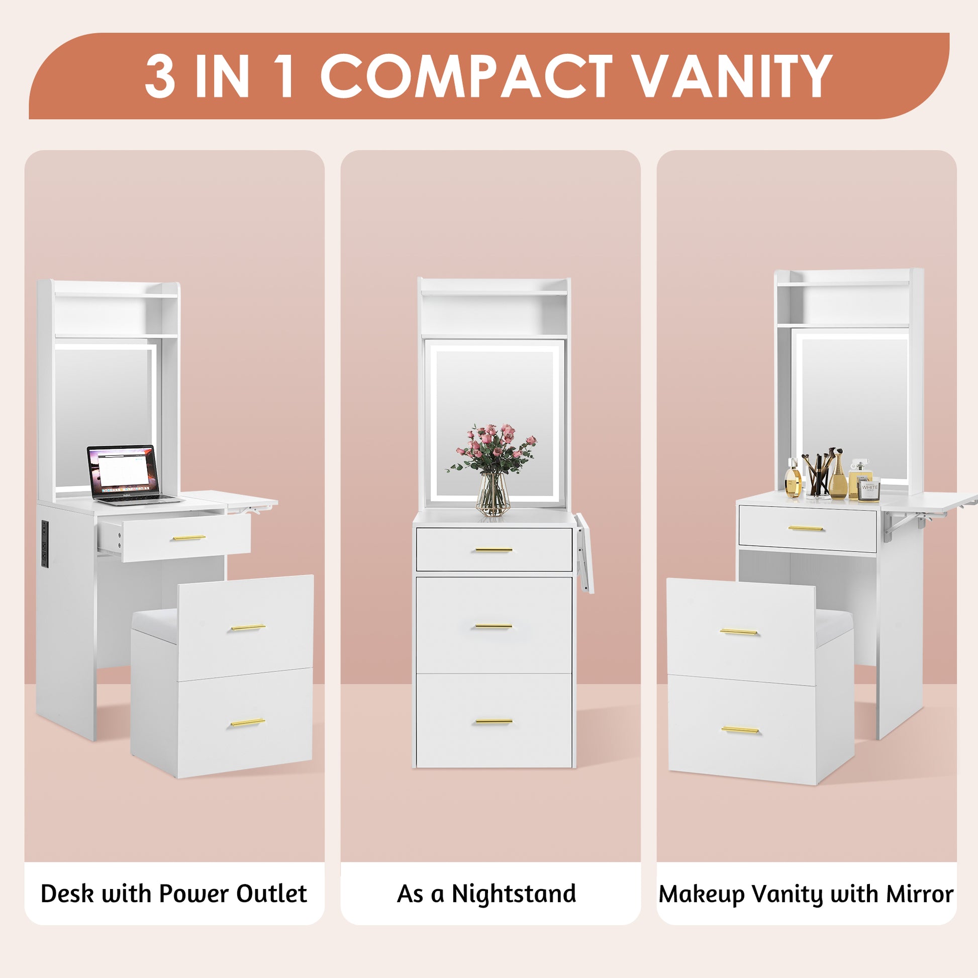 Small Vanity Desk With Mirror And Light, Dressing Table With Charging Station & Fold Up Panel For Small Space, Compact Makeup Vanity Set With Hidden Stool For Bedroom, White White Mdf,Tempered Glass