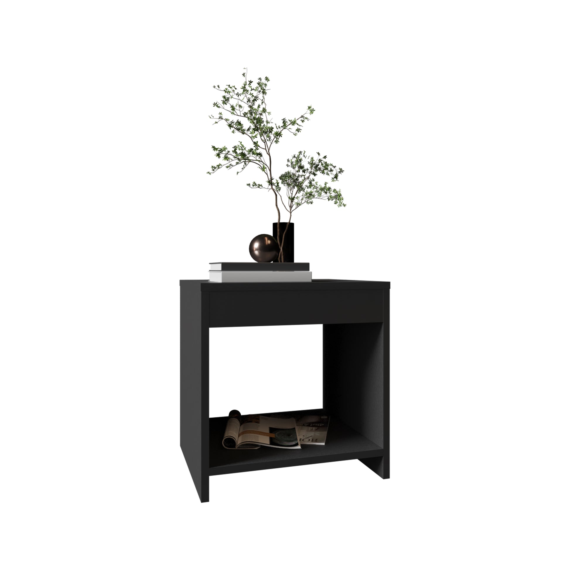 Night Table 16.5"H, 1 Spacious Shelf, Black Black Solid Wood Mdf Engineered Wood