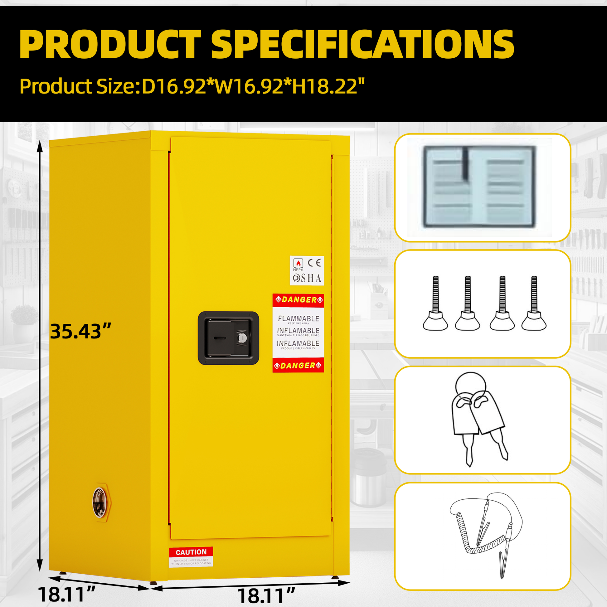 Flammable Safety Cabinet, Galvanized Steel, Laboratory Cabinets Explosion Proof Cabinets Anti Corrosion Reagents Instruments Protection Supplies Cabinet Antique Yellow Steel