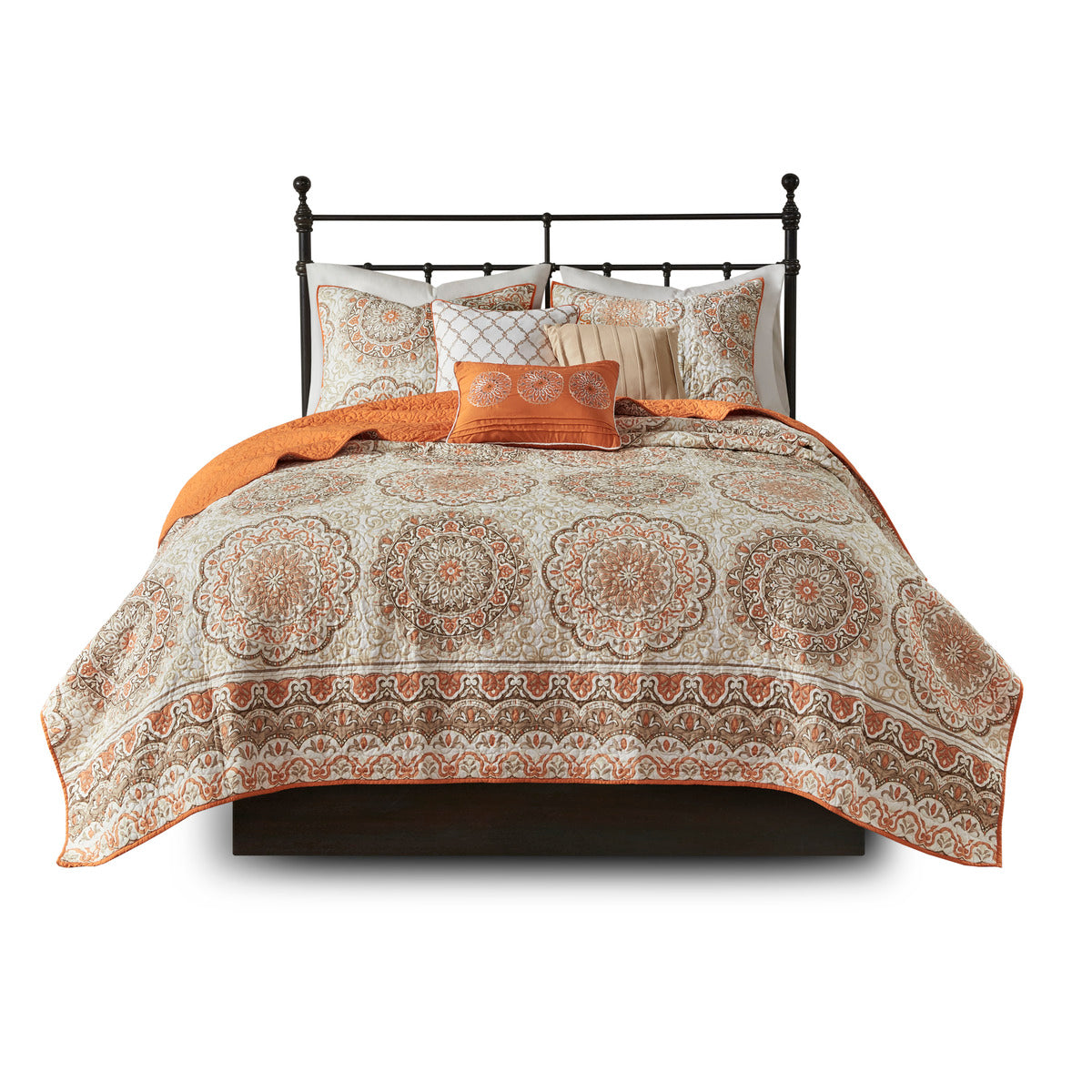 6 Piece Reversible Quilt Set With Throw Pillows Orange King Cal King Orange Cotton