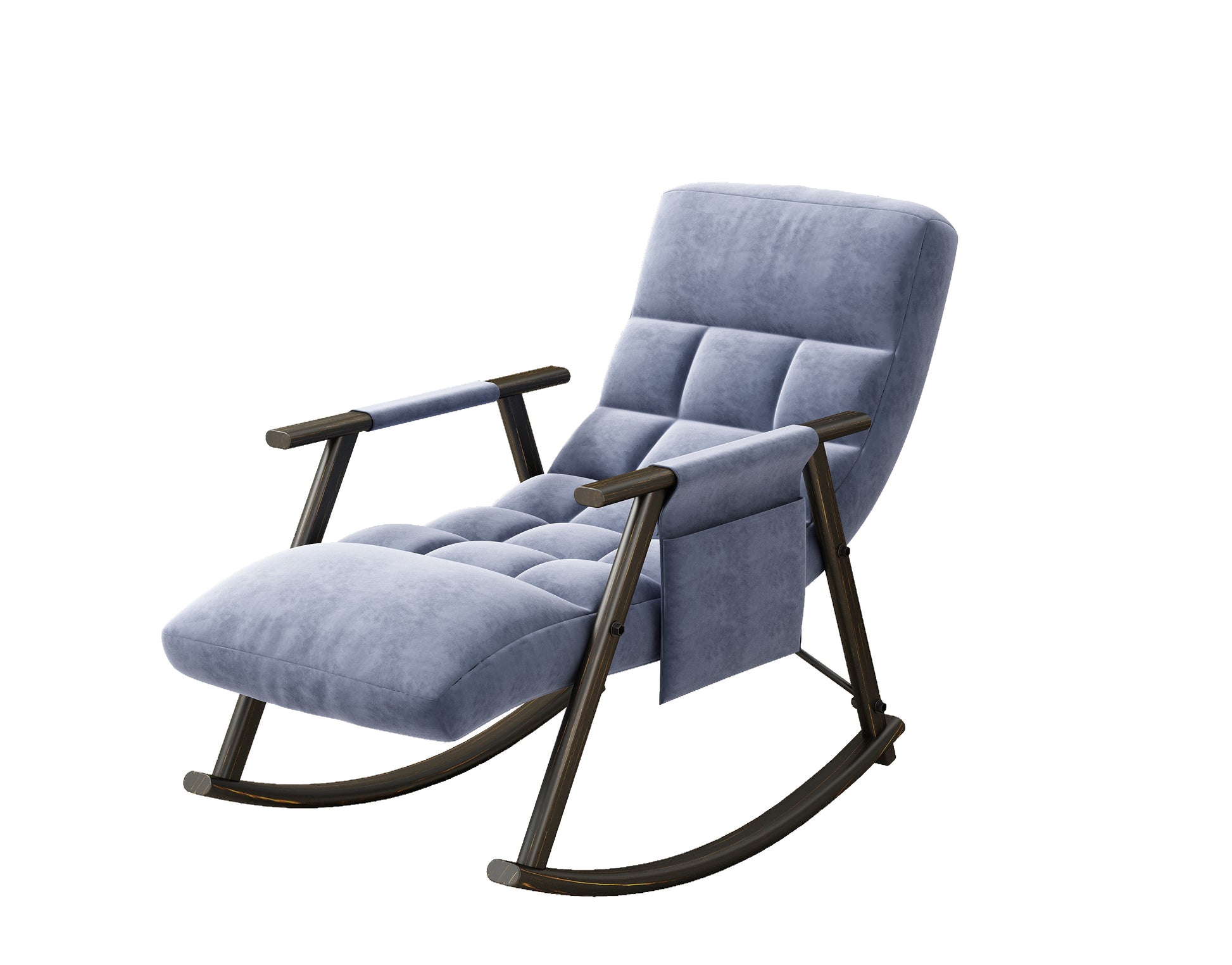 Casual Folding Rocking Chair Upholstered, Lounge Rocking Chair Adjustable High Back And Foot Rest,Side Pockets Placed In Living Room Bedroom Balcony Blue Velvet