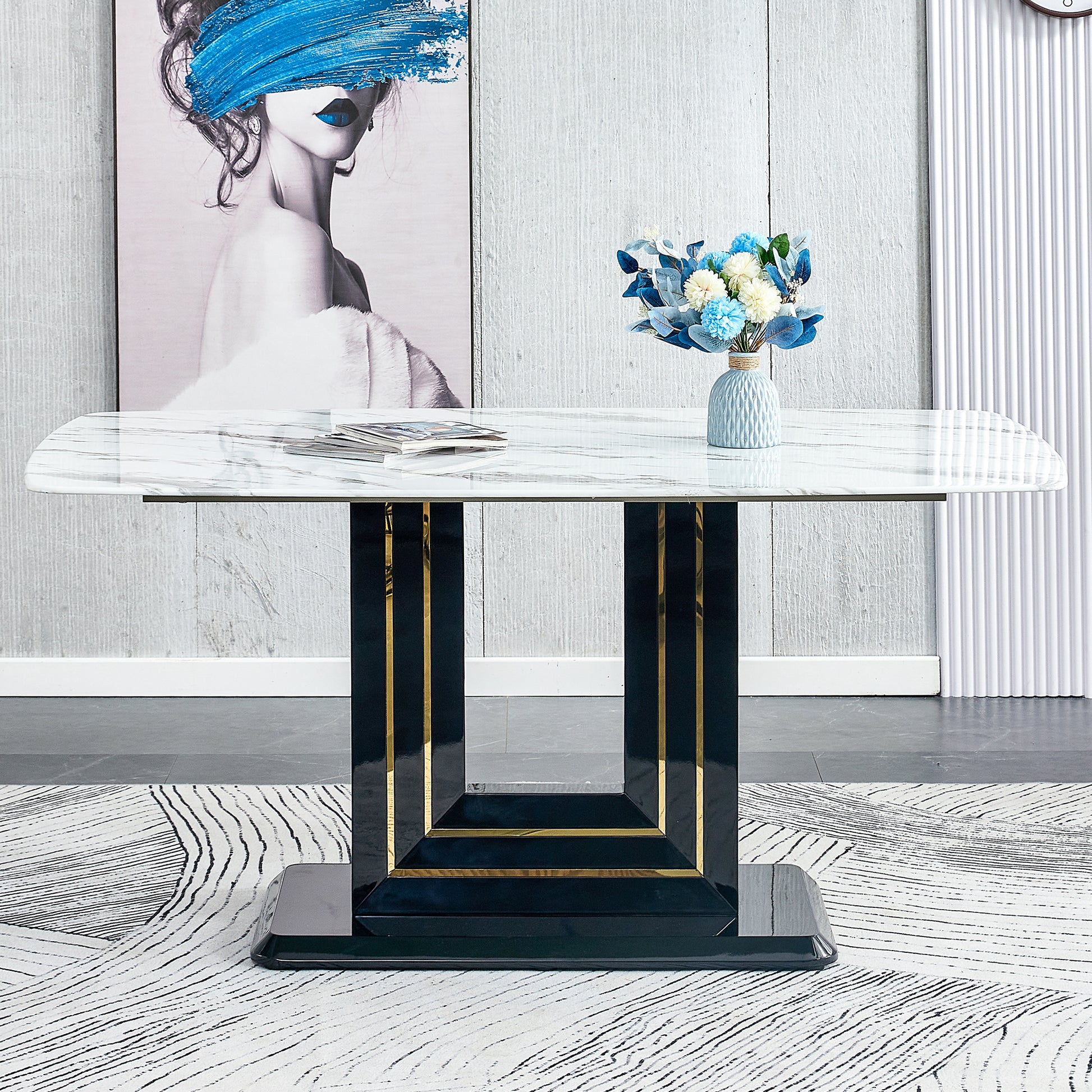 63" Dining Table, Luxurious Dining Room Table With Faux Marble Top And U Shape Mdf Base, Modern Kitchen Dining Table For Kitchen Living Dining Room White Black Seats 6 Dining Room Luxury,Modern Mdf Glass