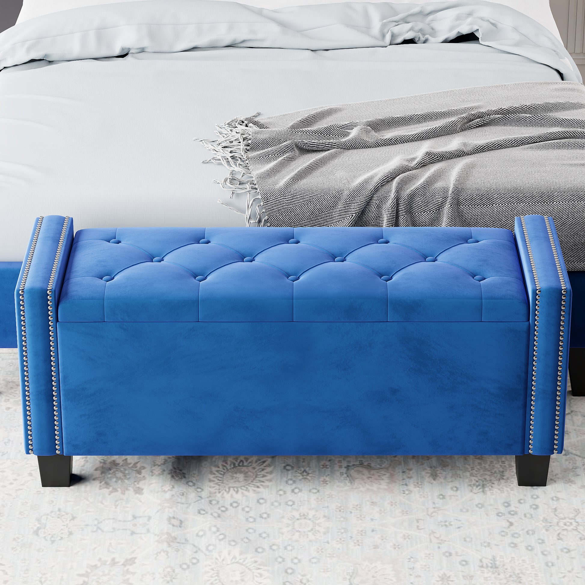 Upholstered Velvet Storage Ottoman Bench For Bedroom, End Of Bed Bench With Rivet Design, Tufted Foot Rest Stool,Blue Blue Blue Mdf