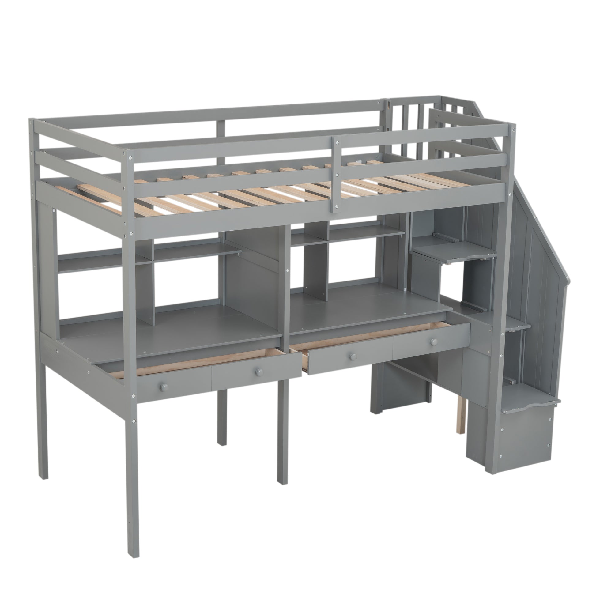 Twin Size Loft Bed Frame With Storage Staircase And Double Desks And Shelves,Gray Twin Gray Solid Wood Mdf