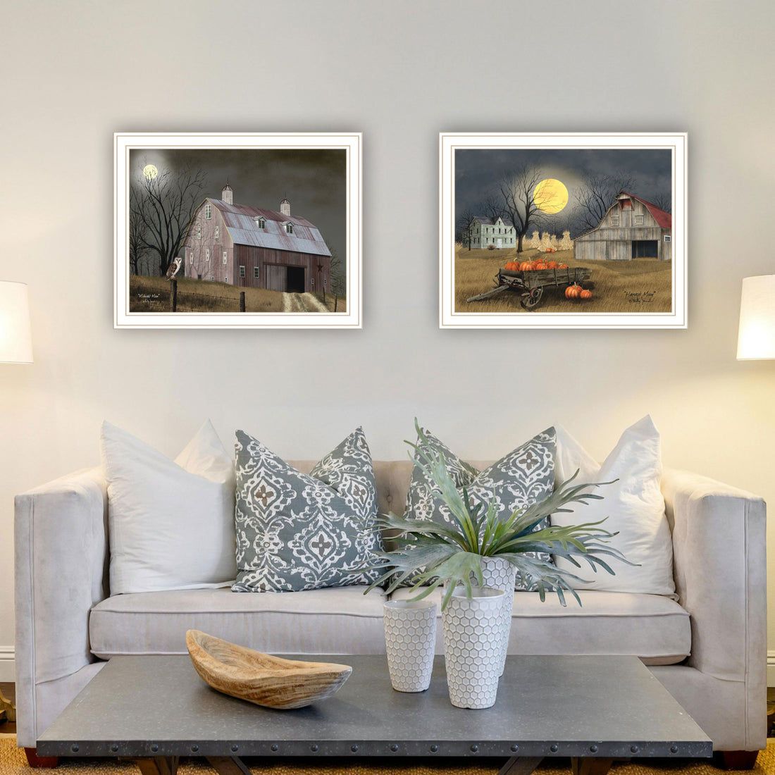 2 Piece Vignette Autumn Moonlit Nights White Framed Wall Art For Living Room, Bedroom Wall Art Print For Home Decor By Billy Jacobs Multicolor Wood Paper