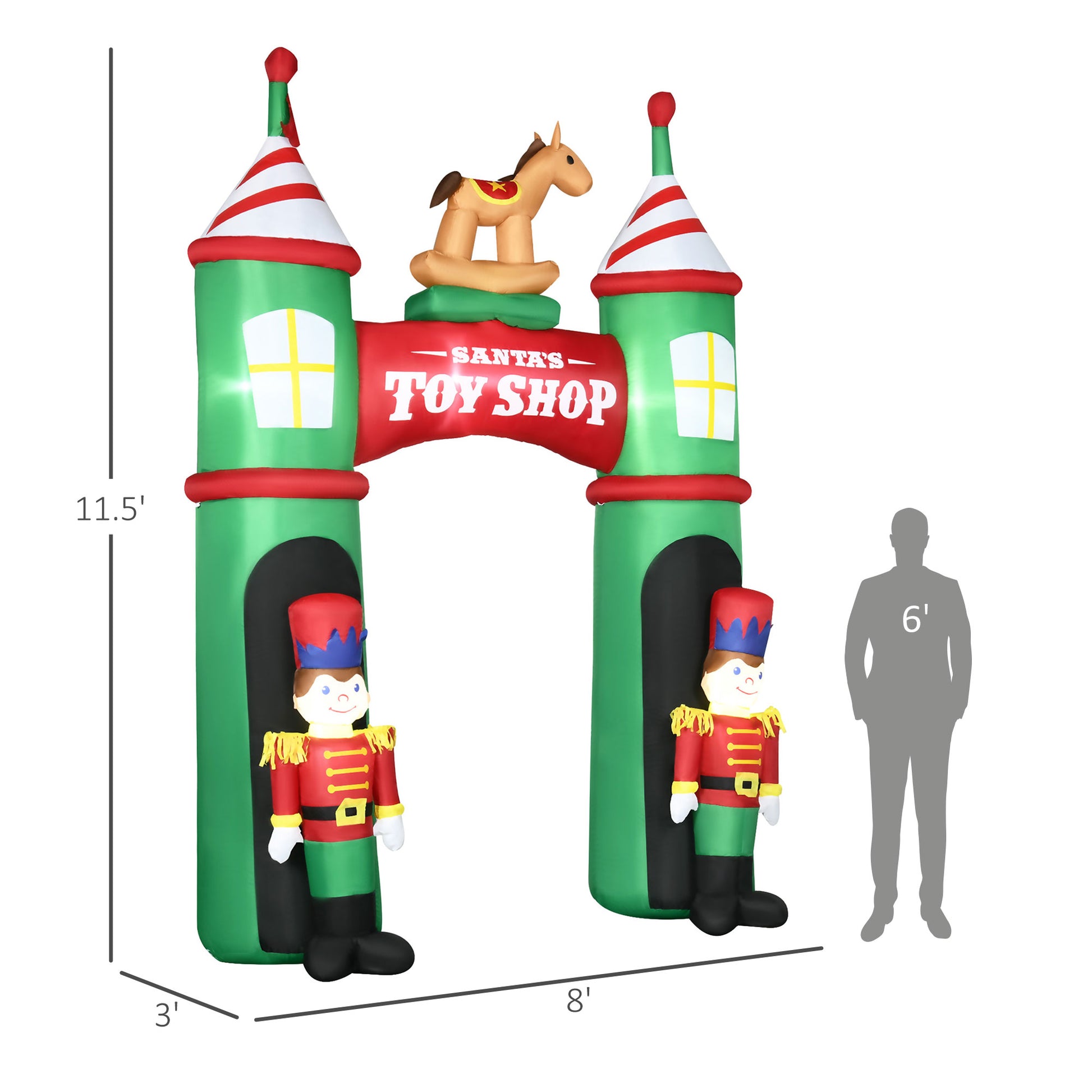 Outsunny 11.5Ft Christmas Inflatables Outdoor Decorations Archway With 2 Nutcracker Soldiers Rocking Horse, Blow Up Led Yard Christmas Decor For Lawn Garden Party Green Polyester