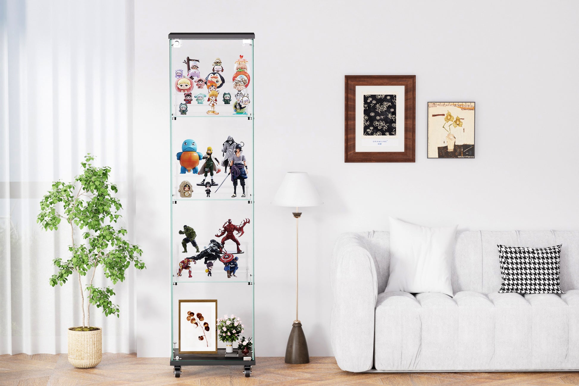 4 Tier Glass Display Cabinet, Single Door Glass Cabinet With Lock And Wheels, Floor Standing Storage Cabinet With 3 Acrylic Shelves For Living Room, Bedroom And Office, Black, 15.8"L X 14.2"W X