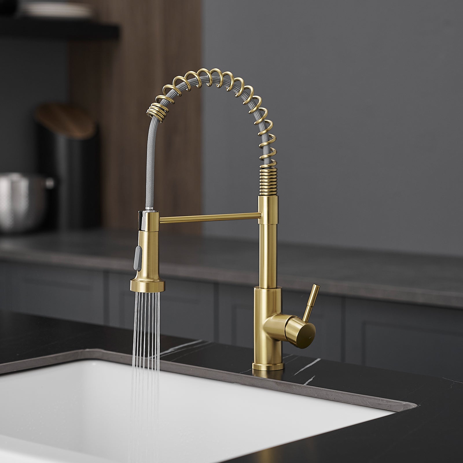 Kitchen Faucet With Pull Down Sprayer Brushed Gold Stainless Steel Single Handle Pull Out Spring Sink Faucets Brushed Gold Kitchen Classic,Contemporary,Modern Ceramic Stainless Steel