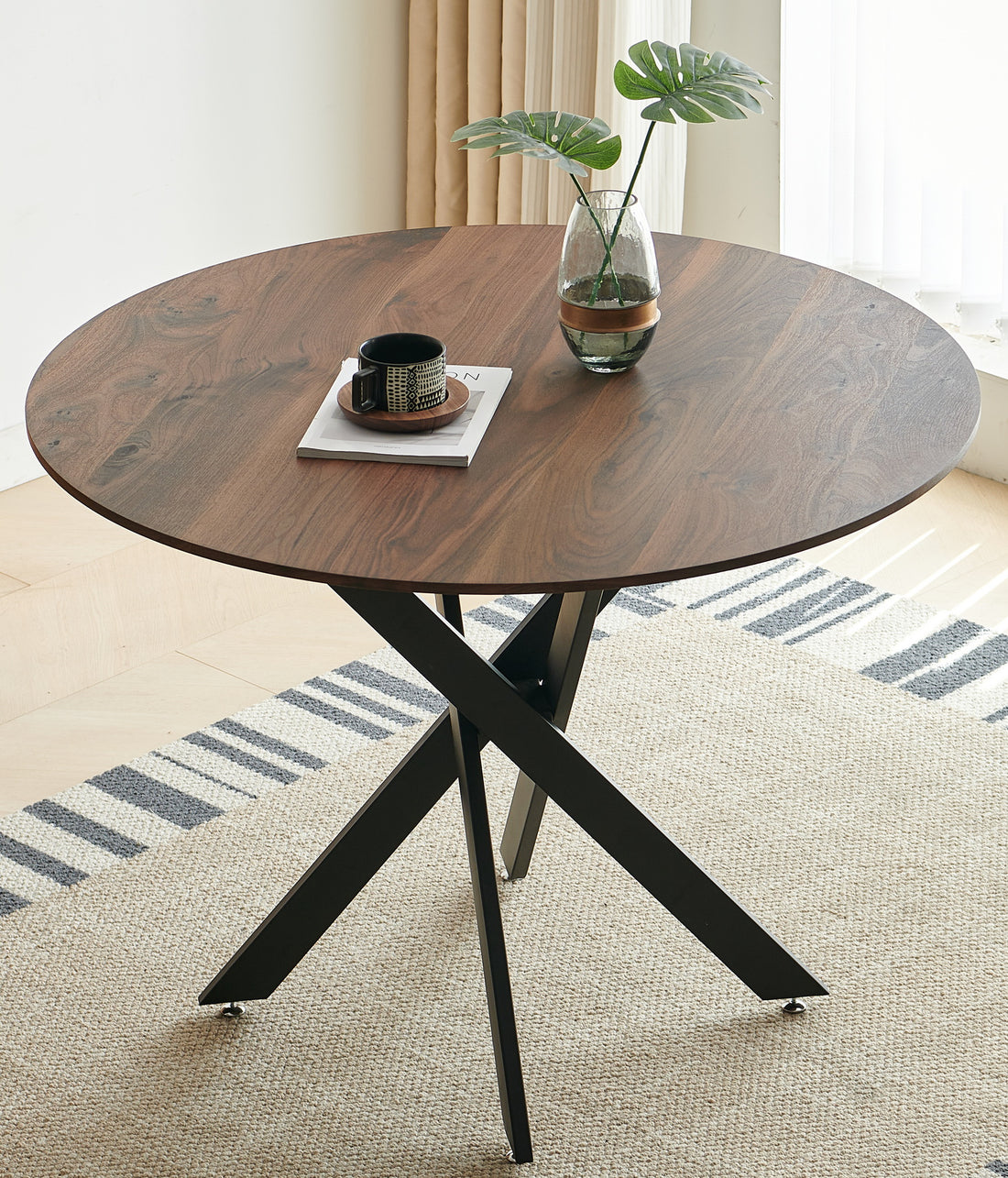 42.1"Black And Wood Color Table Mid Century Dining Table For 4 6 People With Round Mdf Table Top, Pedestal Dining Table, End Table Leisure Coffee Table,Cross Leg Matte Black Natural Kitchen & Dining Tables Mdf