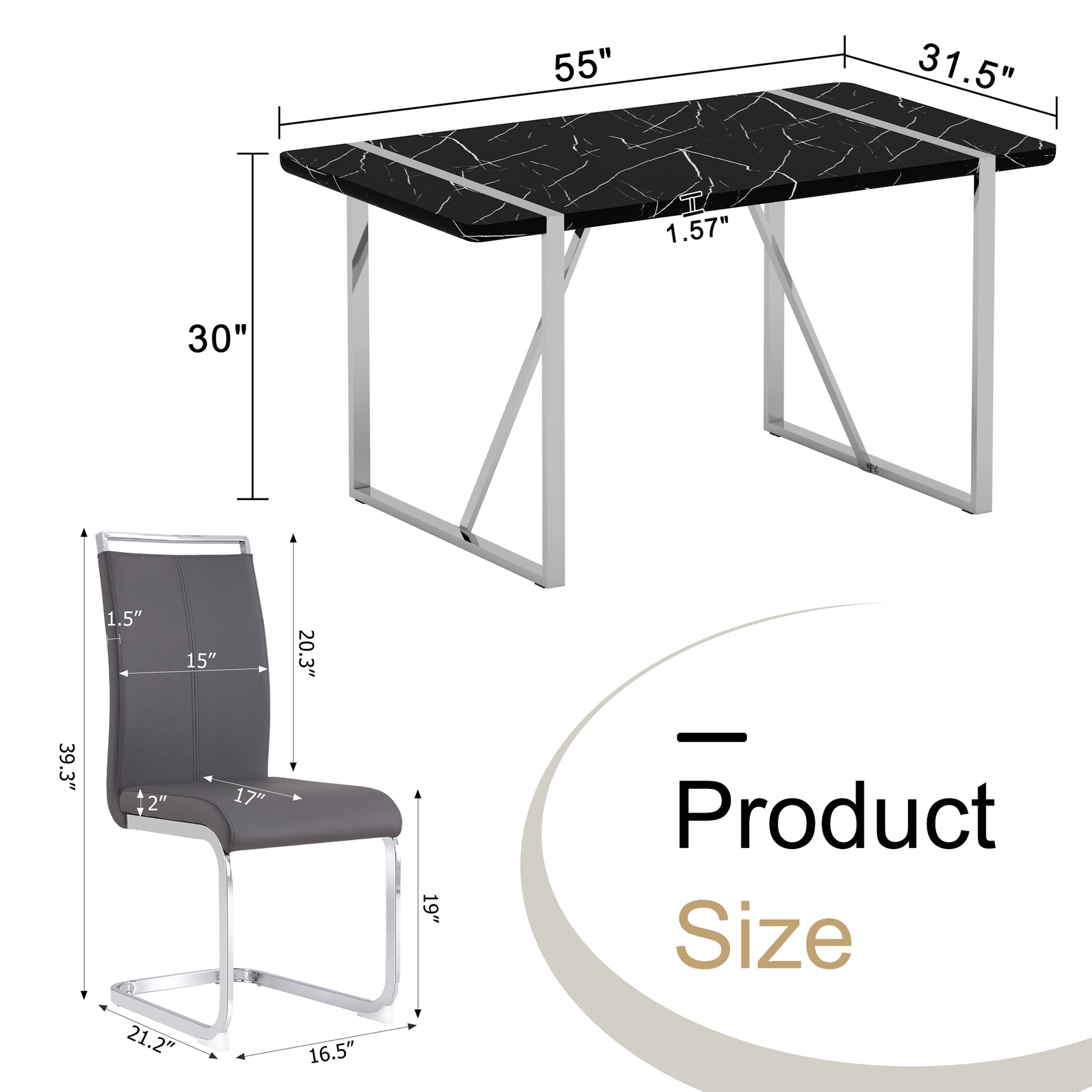 Table And Chair Set.A Rustic Industrial Rectangular Mdf Black Dining Table With Mdf Desktop And Electroplated Silver Metal Legs.Paried With 4 Chairs With Pu Cushion And Metal Legs. Black,Dark Gray,Silver Seats 4 Mdf Metal