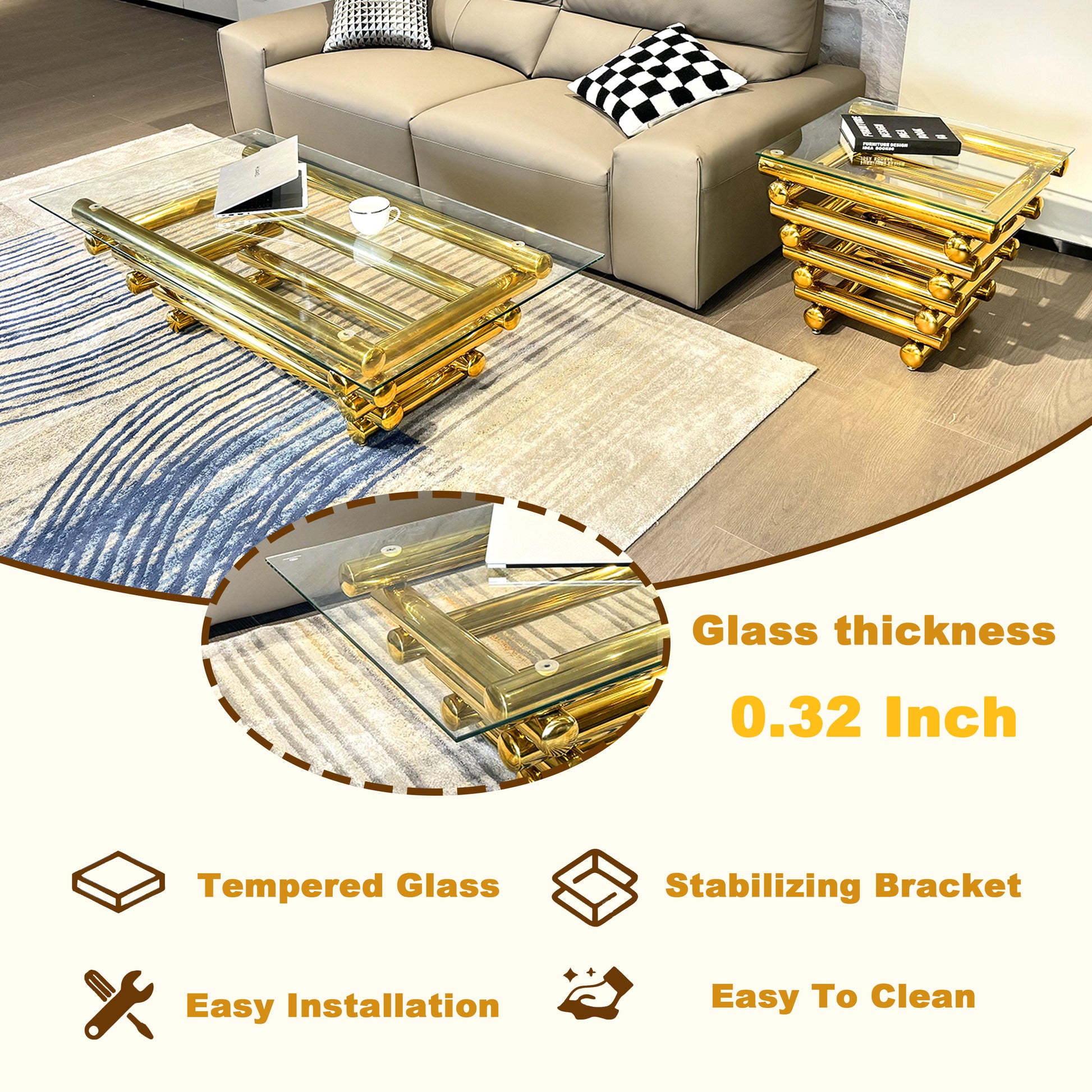 55" Rectangle Modern Stainless Steel Coffee Table, Clear Tempered Glass Table Top, Living Room Table, With Modern Style, Gold Clear,Gold Modern Open Storage Rectangular Stainless Steel,Tempered