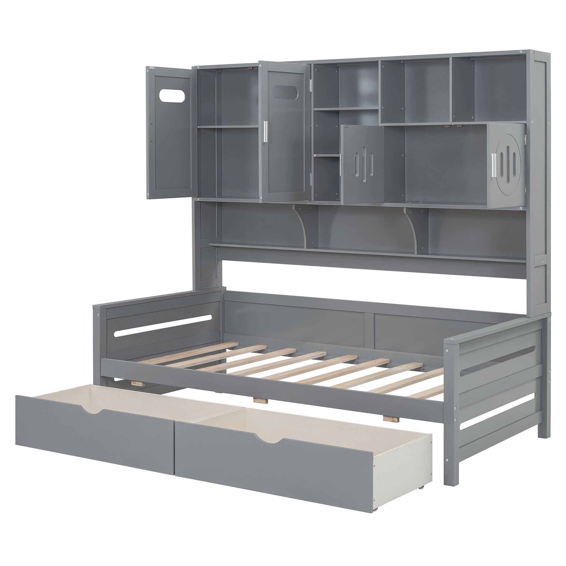 Twin Size Wooden Daybed With 2 Drawers, And All In One Cabinet And Shelf, Gray Twin Gray Wood