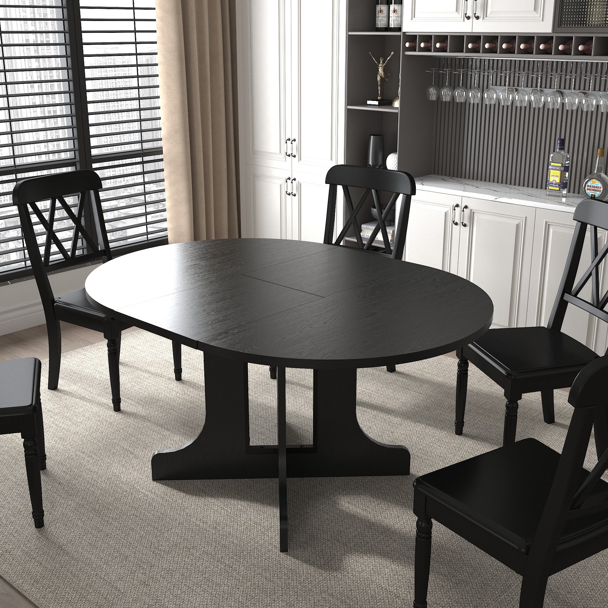 Dining Table For Farmhouse Kitchen 59X43 Inch Expandable Oval Table Top With Removable Leaf Trestle X Shaped Base Black Black Seats 6 Dining Room Floor Mount Round Kitchen & Dining Tables Laminated