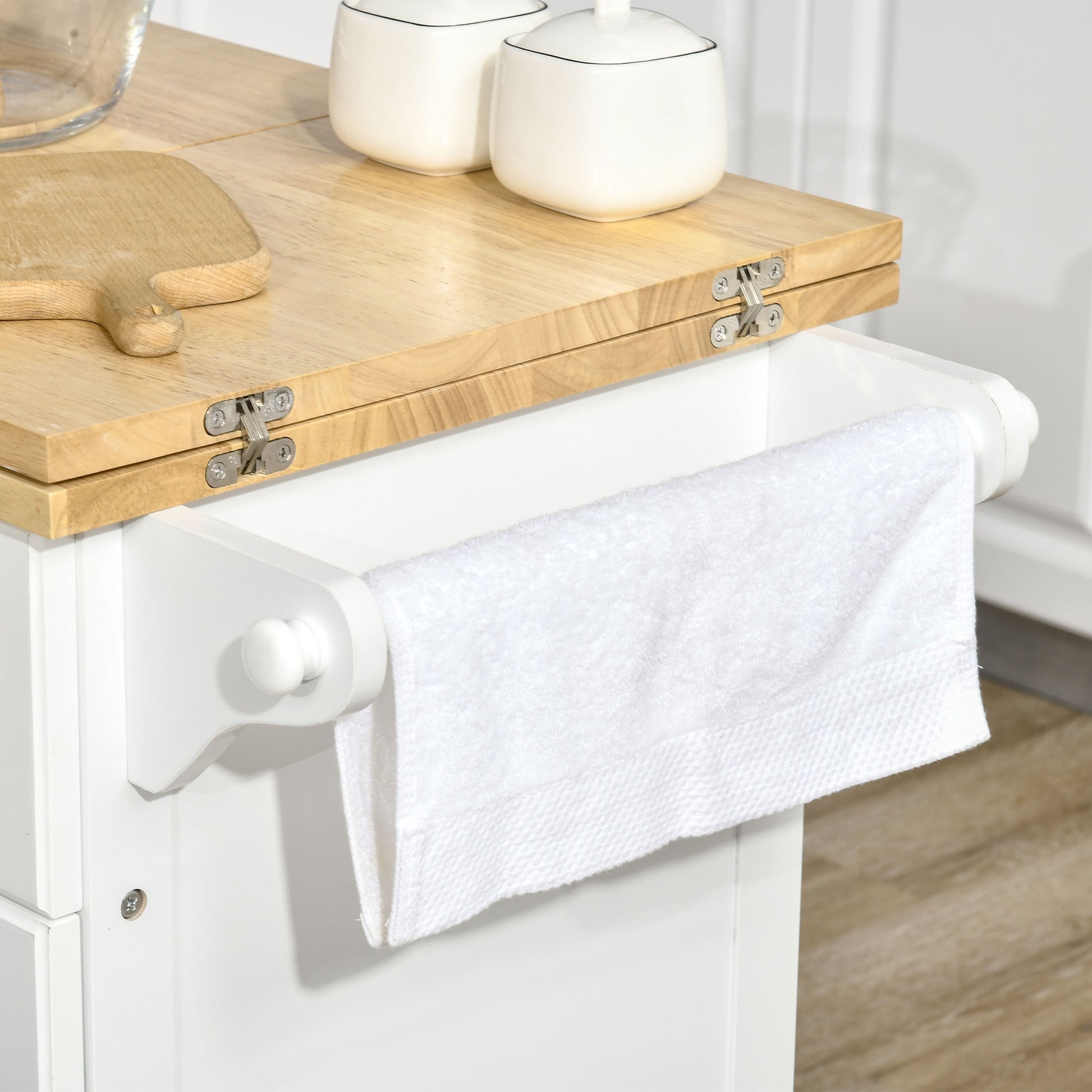 Homcom Kitchen Island With Drop Leaf Trolley Cart On Wheels Drawer Cabinet Towel Racks Versatile Use Natural Wood Top And White White Mdf