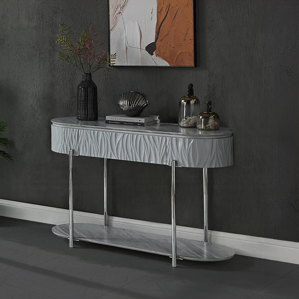 Grey High Gloss And Chrome Sofa Table With Bottom Shelf Grey Silver Primary Living Space Shelves Oval Wood Metal