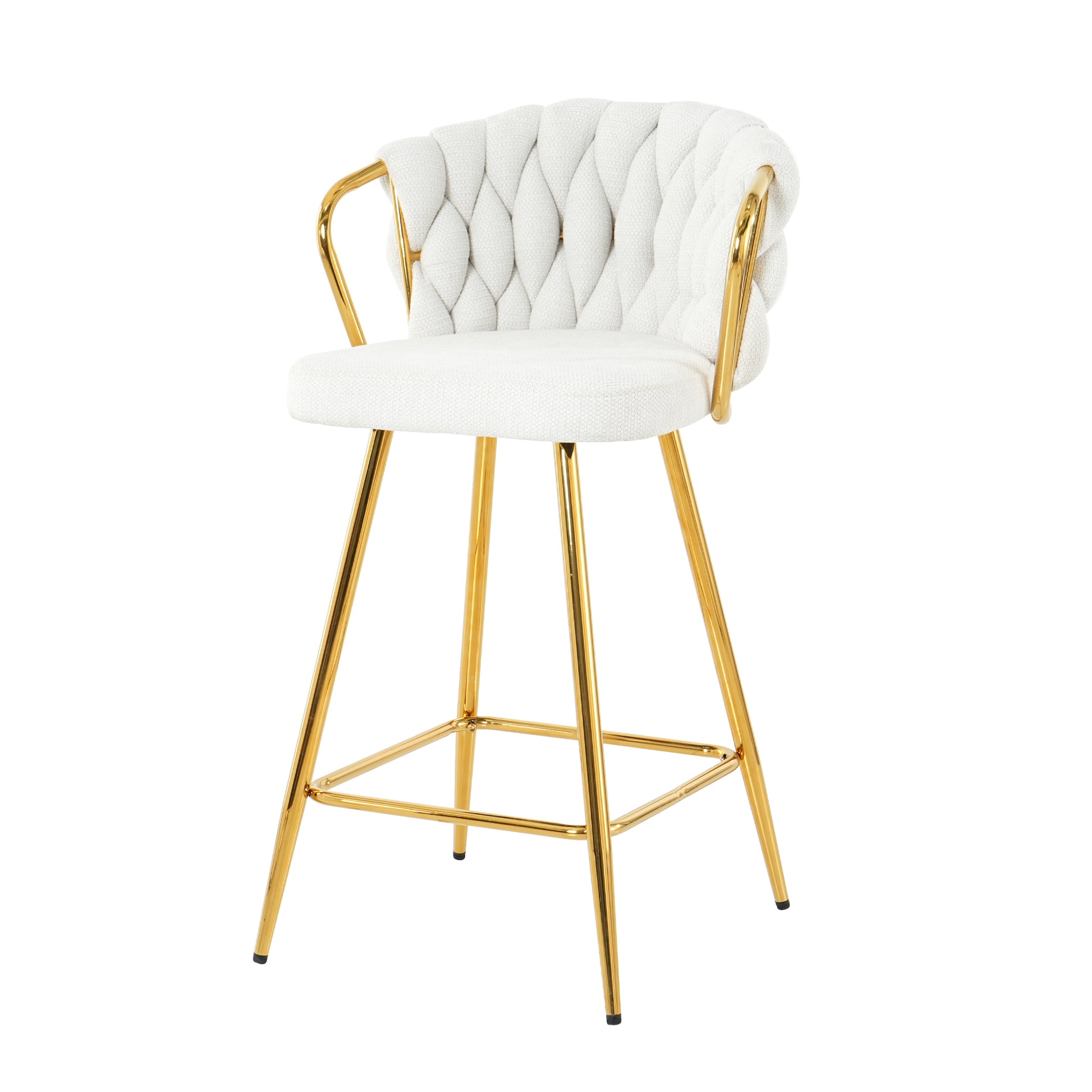 Modern Design High Stool Gold Plated Legs Kitchen Dining White Linen Bar Chair, Suitable For Cafe Bar Restaurant Set Of 2 Metal White Flannelette