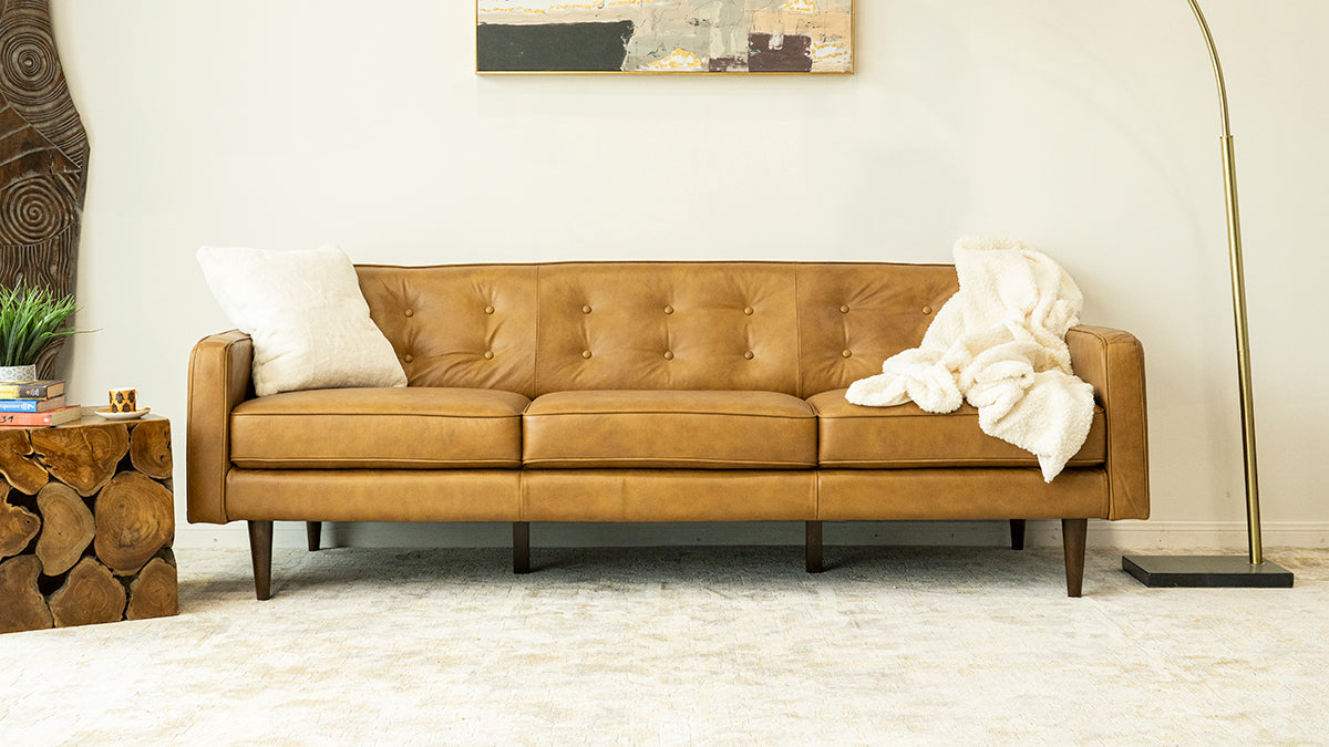 Braxton Tan Leather Sofa Brown,Rustic Brown Genuine Leather Wood Primary Living Space Mid Century Modern Foam Genuine Leather,Solid Wood 3 Seat