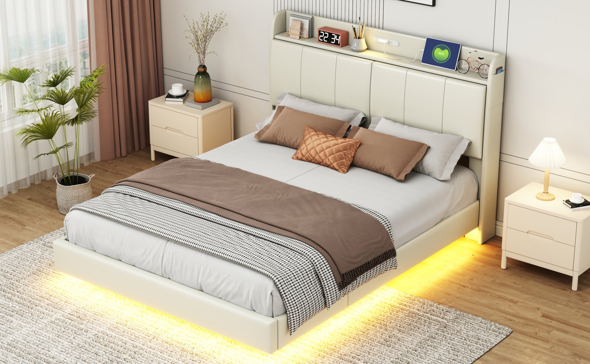 Queen Size Floating Bed Frame With Storage Headboard, Modern Upholstered Platform Bed With Touch Sensor Night Light And Usb Charger, Beige Queen Beige Bed Frame Wood