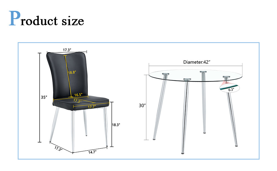 Table And Chair Set.A Modern Minimalist Round Dining Table With Transparent Tempered Glass Top And Silver Metal Legs,Paried With 6 Chairs With Pu Backrest And Seat Cushion And Silver Metal Legs. Black,Transparent Seats 6 Glass Metal