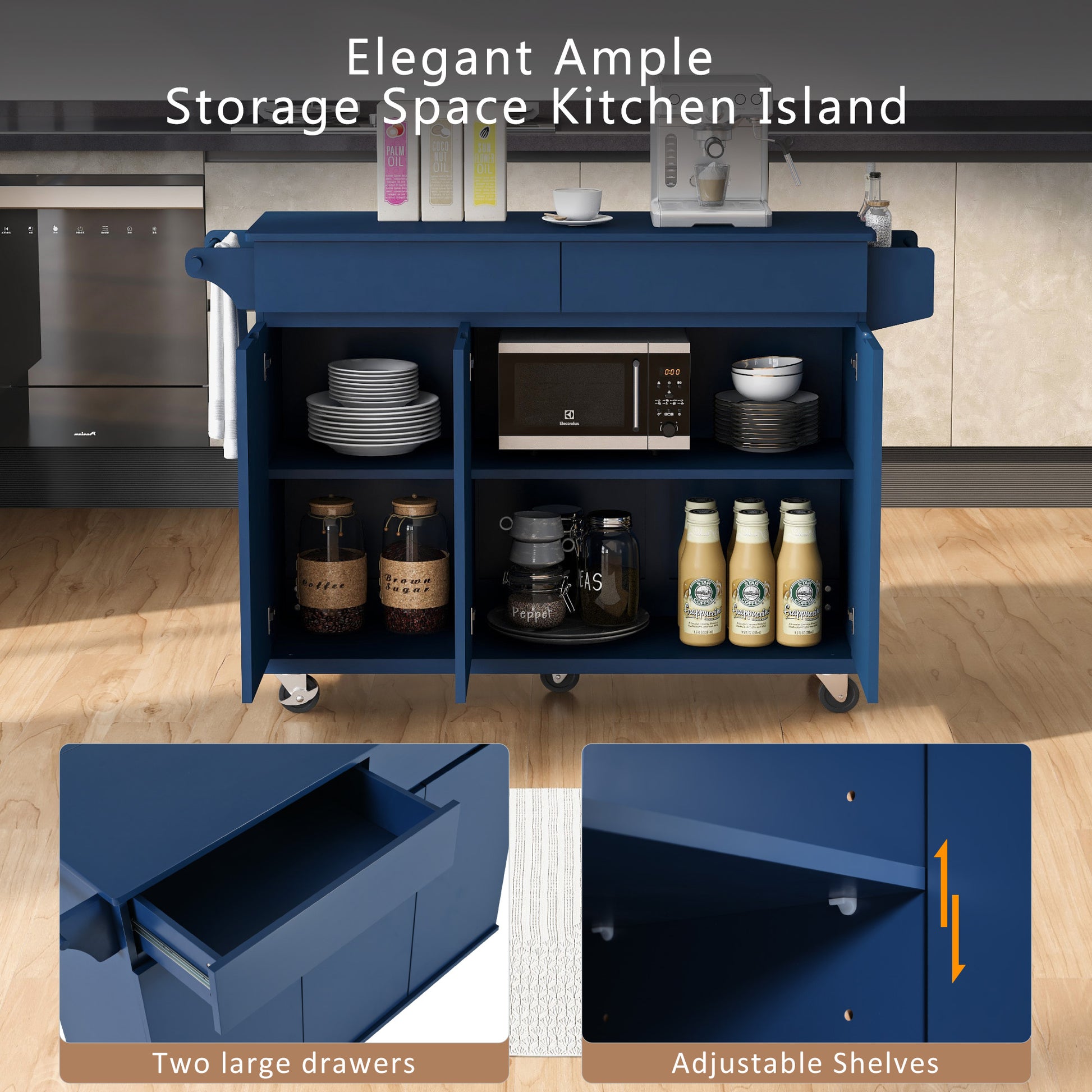 K&K 53.2'' Kitchen Island With Drop Leaf, Kitchen Storage Cart With Spice Rack, Towel Rack And 2 Drawers, Rolling Kitchen Island On Wheels With Adjustable Shelves For Kitchen, Dining Room, Navy Blue Navy Blue Brown Kitchen