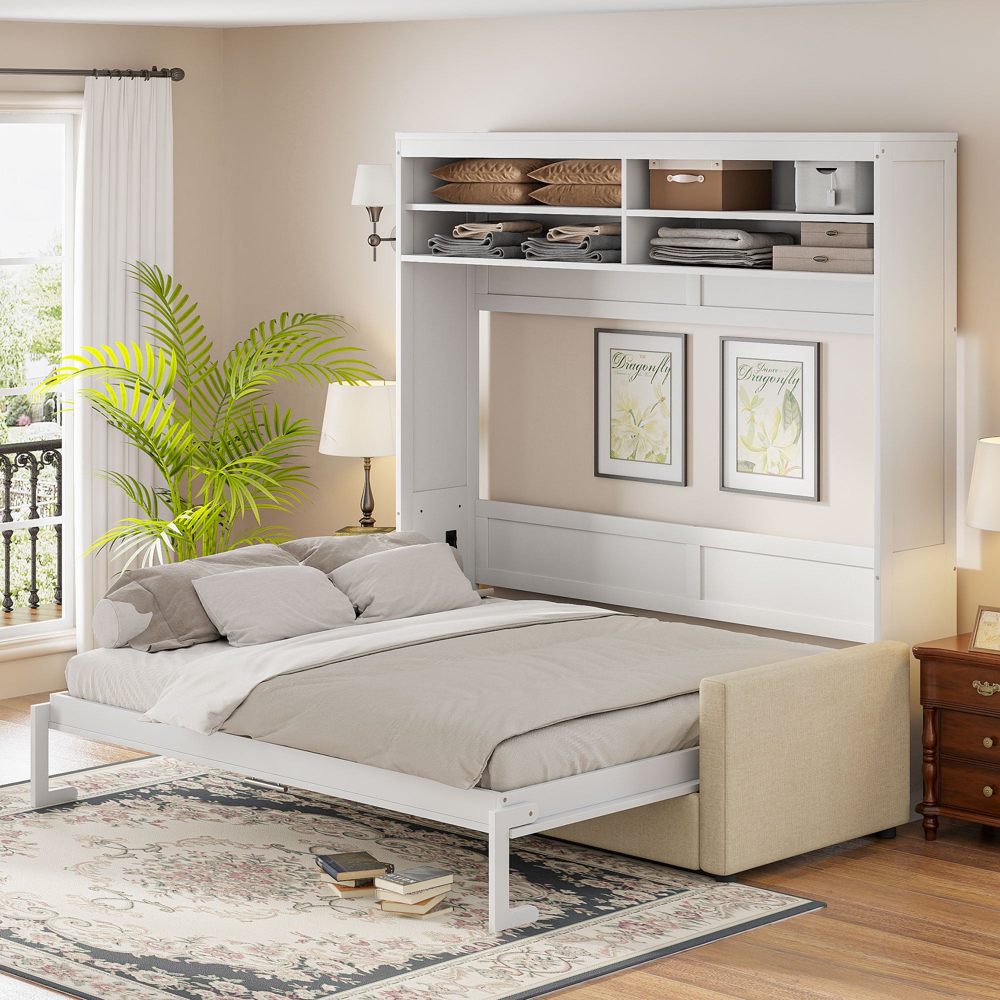 Queen Size Murphy Bed Wall Bed With Sofa,White Queen White Mdf Lvl