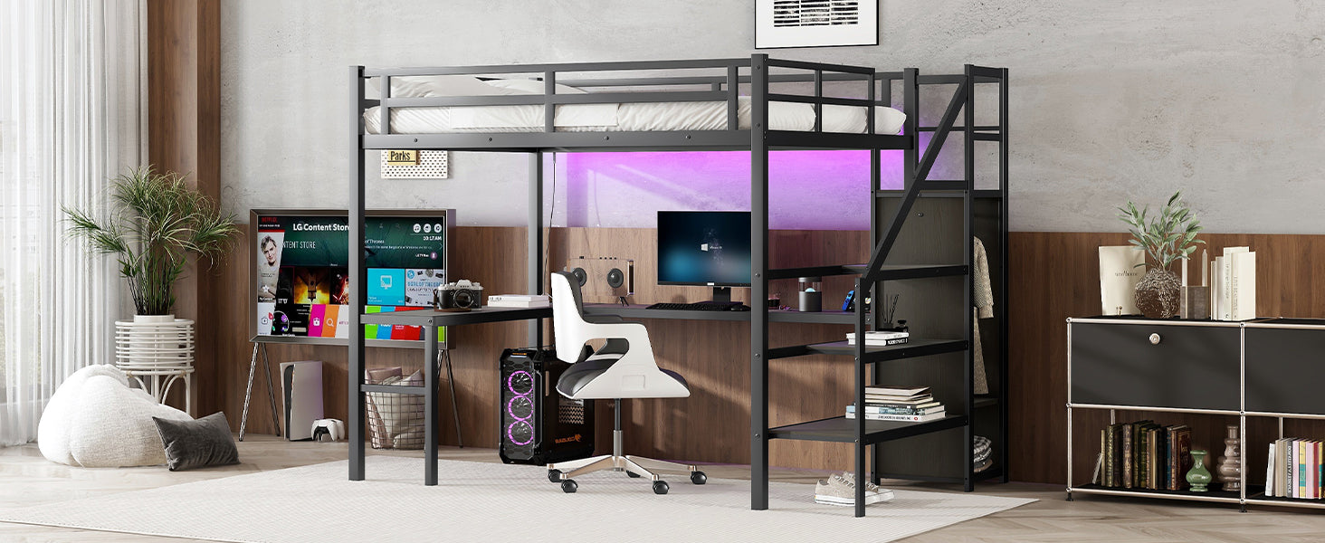 Full Xl Size Loft Bed With L Shaped Desk And Usb, Metal Loft Bed With Wardrobe And Adjustable Shelf, High Loft Bed With Led For Kids Teens Adults, Black Expect Arrive 2024 10 10 Full Xl Black Metal