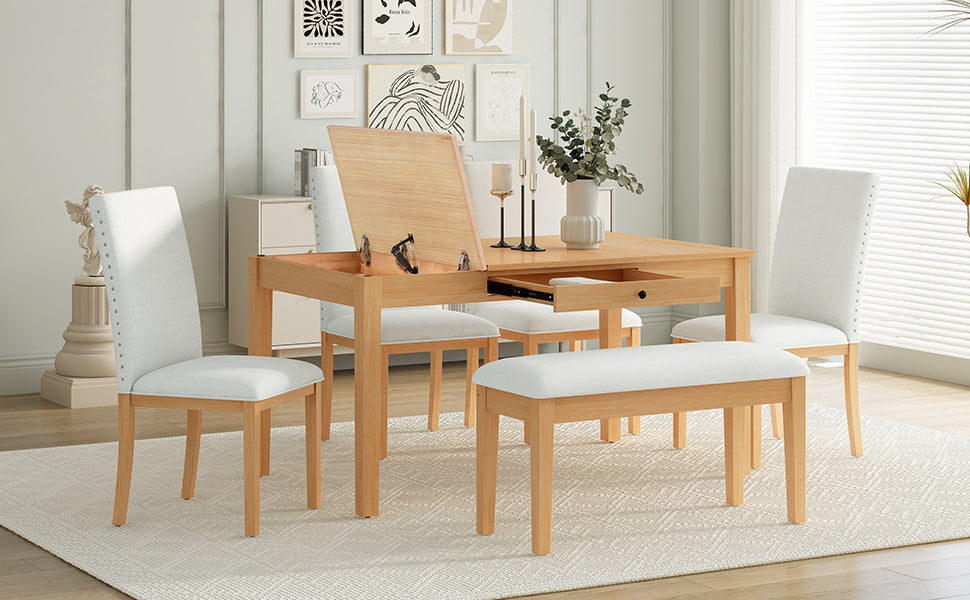 Farmhouse 6 Piece Dining Table Set With Storage Table, Kitchen Table Set With Drawer, Storable Bench And Upholstered Dining Chairs, Natural Beige Wood Dining Room Bench Seating Acacia Rectangular Dining Table With Chair And Bench Upholstered Chair Wood
