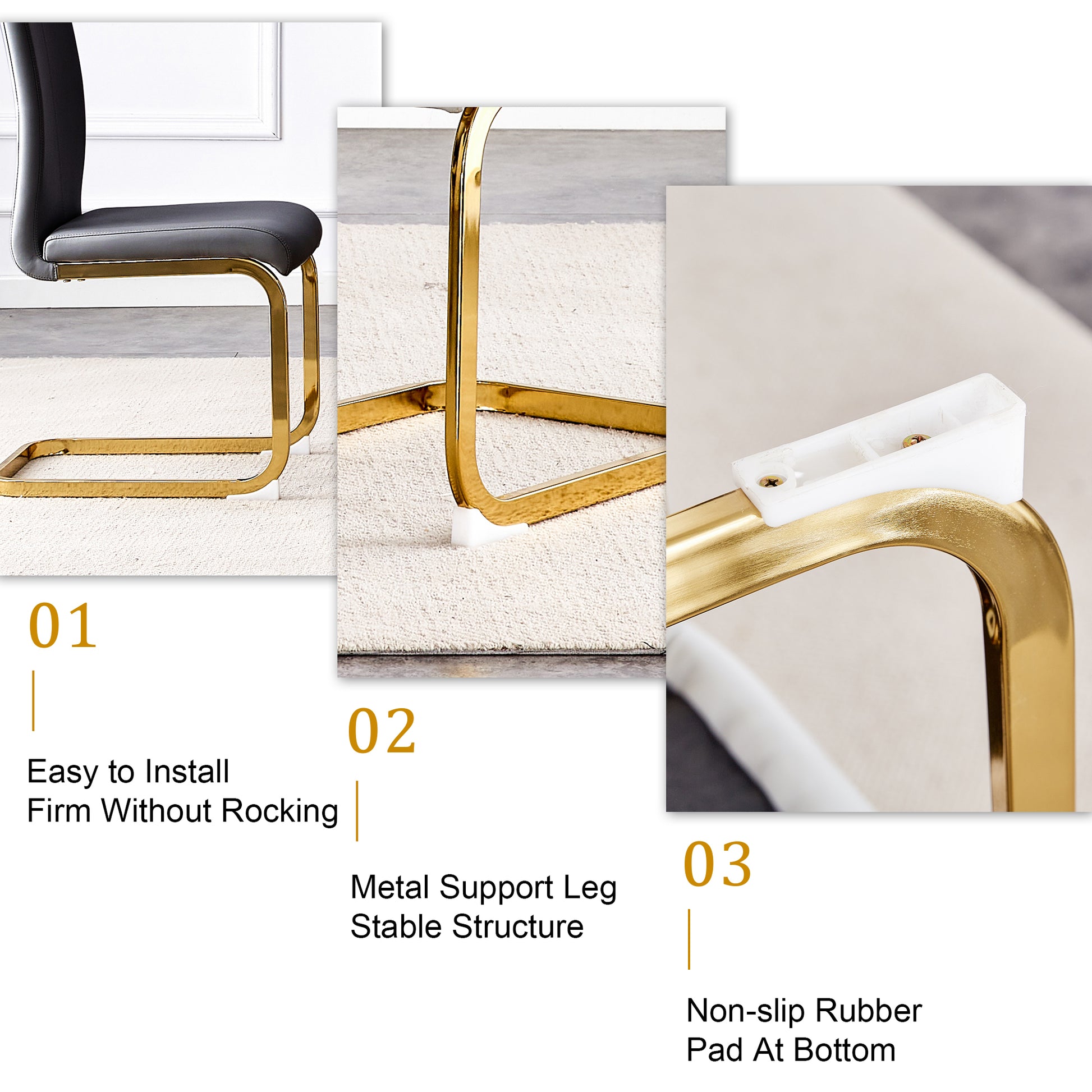 Table And Chair Set, Rock Plate Table Top, Gold Metal Table Legs, Stable And Beautiful, Suitable For Most Home Styles. Modern Simple Dining Table, Comfortable Seating. Black Gold Seats 6 Sintered Stone