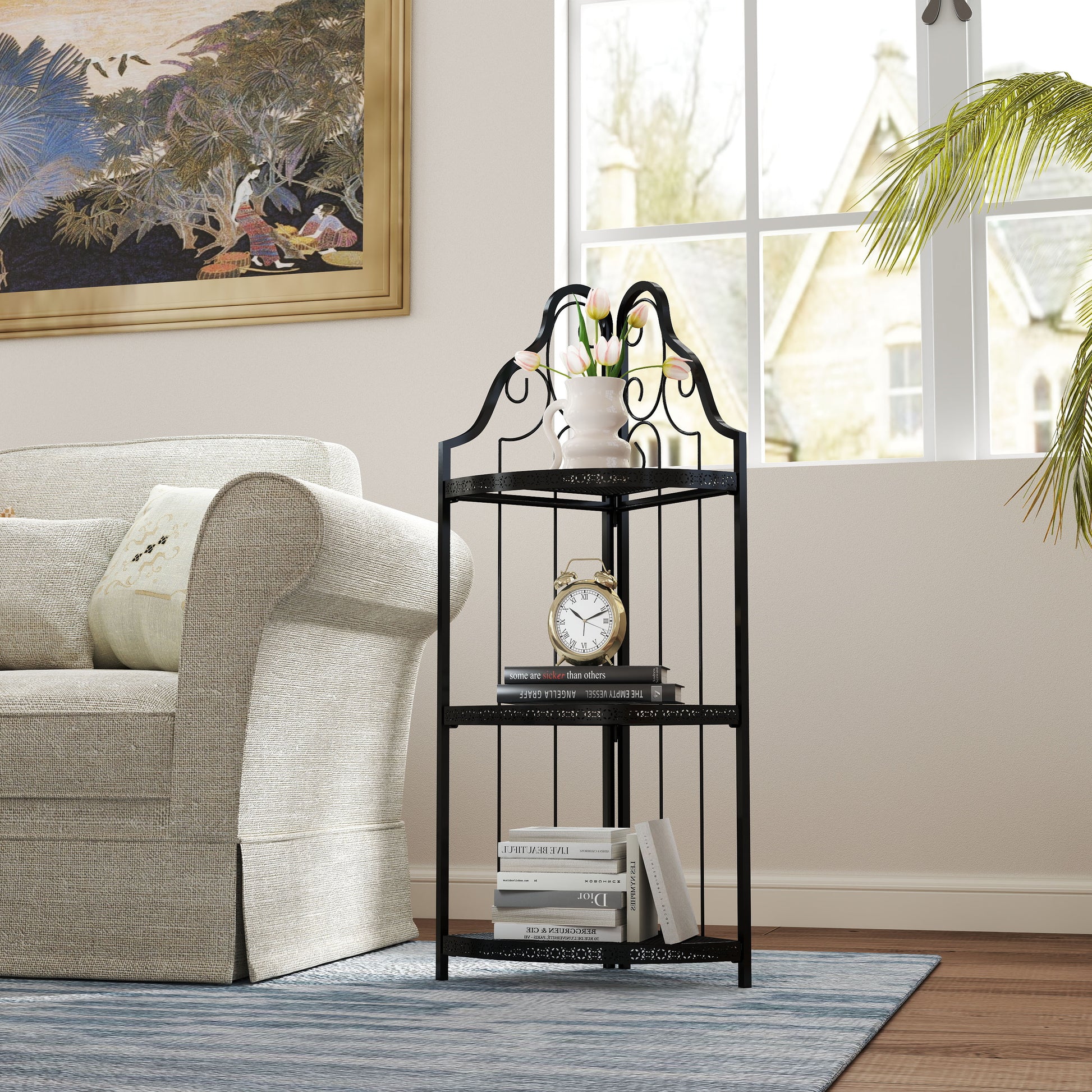 3 Tier Corner Open Shelf,Bookcase Freestanding Shelving Unit,Plant Stand Small Bookshelf For Living Room, Home Office, Kitchen, Small Space Black Corner Office American Design,Rustic Iron