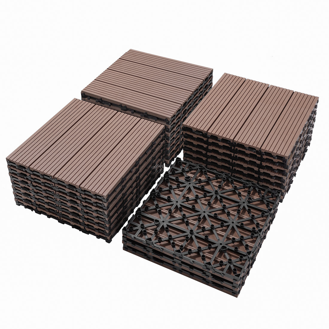 Wood Plastic Composite Deck Tiles Set Of 20, Sustainable Fsc Composite Decking Resist Rust, Water, Weather, Easy To Diy & Maintain, Ideal For Patios, Balconies, Rooftops, Coffee Color Coffee Wood Plastic