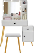 Dressing Table With Hollywood Led Mirror, Light Adjustable Brightness, Dressing Table, Padded Stool Set, White, Wooden Cosmetic Table With Drawer And Storage Cabinet White Drawer 2 Drawers Bedroom Modern 2 Or Less Mirror Included White Particle Board Mdf