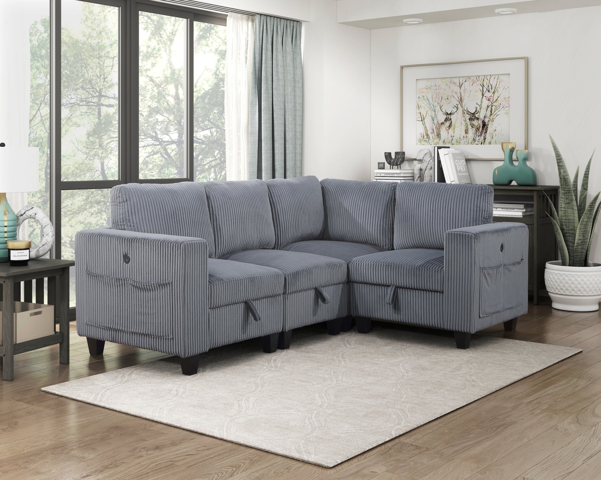 4 Piece Modular Sectional With Storage Seats, Side Pockets, Charging Ports Dark Gray Corduroy Fabric Modern Living Room Sectional Couch Solid Wood Furniture Dark Gray Polyester Wood Primary Living Space Modern Solid Wood 4 Seat