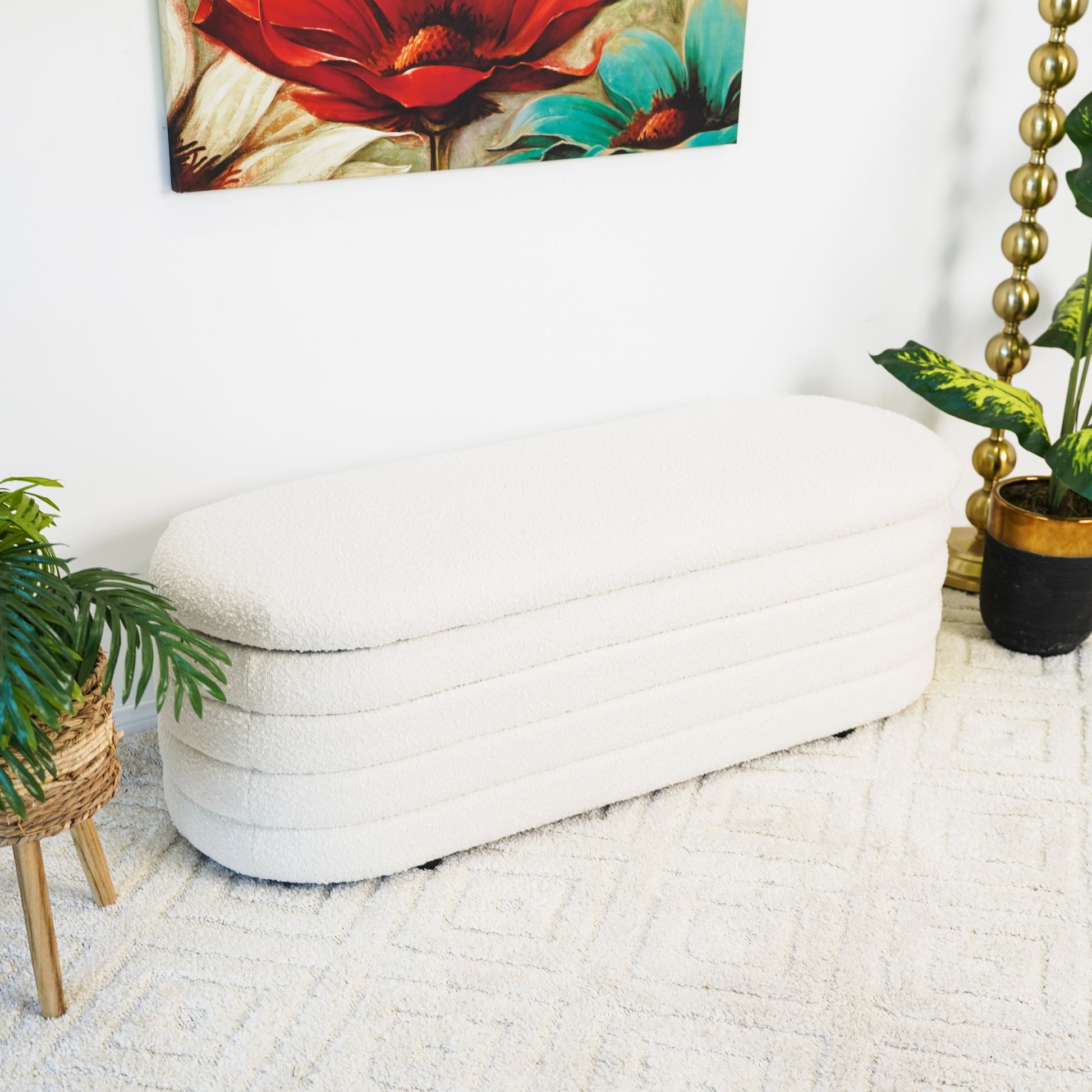 Cabana White Boucle Bench W Storage Black,White Brown White Mid Century Modern Teak Flip Top Boucle,Solid Wood