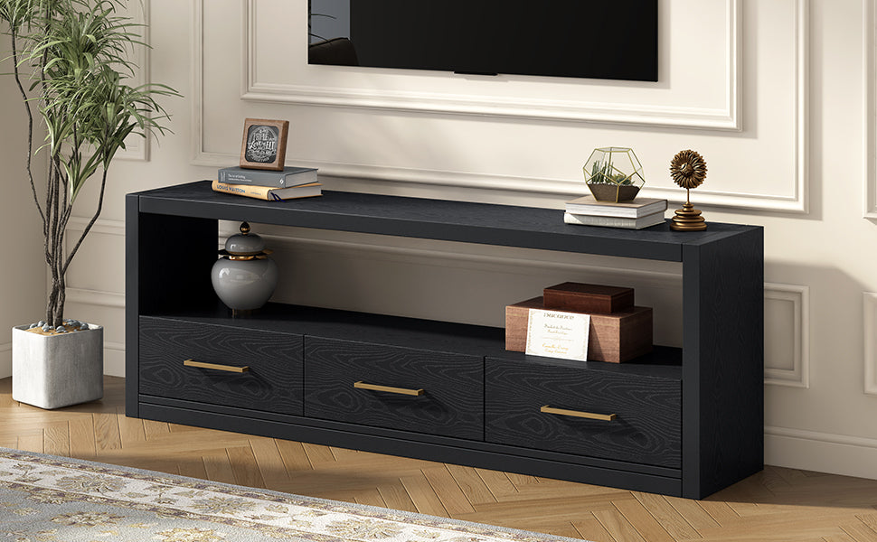 Mirod Stylish Tv Stand With Large Storage,Classic Design With Three Drawers And Spacious Surface,Minimalist Metal Handles,Versatile As Tv Console Or Side Cabinet Black 70 79 Inches Mdf