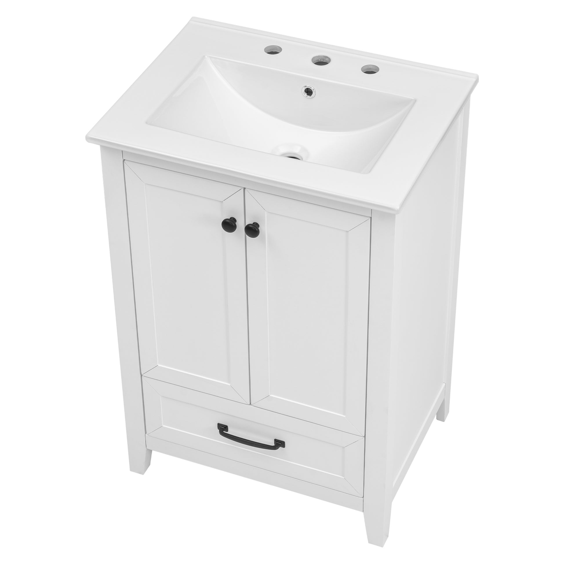 24" Bathroom Vanity With Sink, Bathroom Vanity Cabinet With One Drawer And Doors, Solid Wood And Mdf, White White Solid Wood Mdf