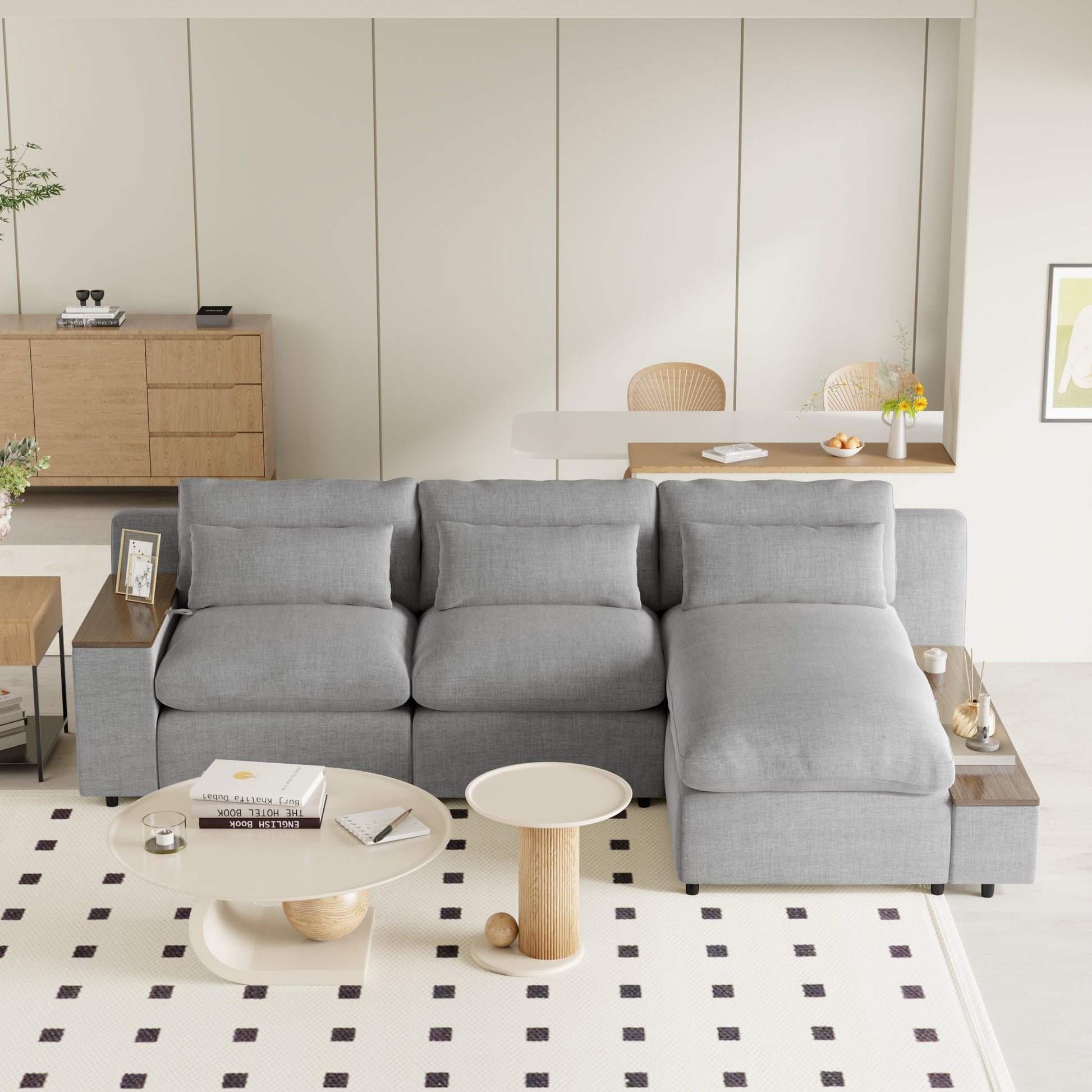 L Shaped Modular Sectional Sofa With Removable Back Cushions,3 Pillows And 2 Storage Spaces,Suitable For Living Rooms,Offices And Apartments Gray Polyester 3 Seat