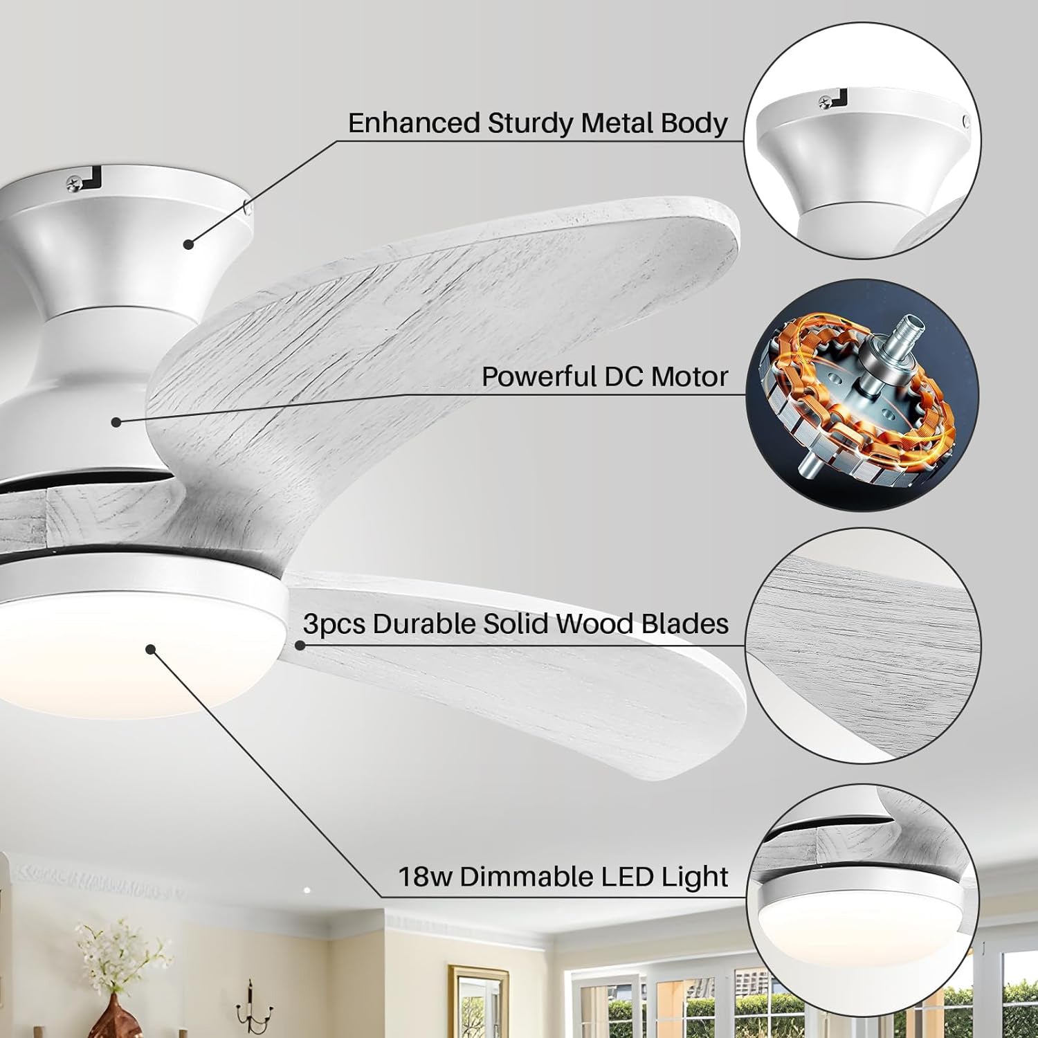 52 Inch Modern Ceiling Fan With 3 Color Dimmable Solid Wood Blades Remote Control Reversible Dc Motor For Bedroom Silver Metal & Wood