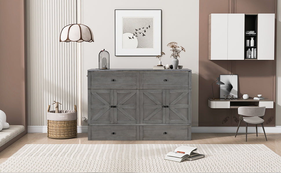 Queen Size Murphy Bed With Large Drawers & Usb Ports,Brushed Gray Queen Gray Plywood