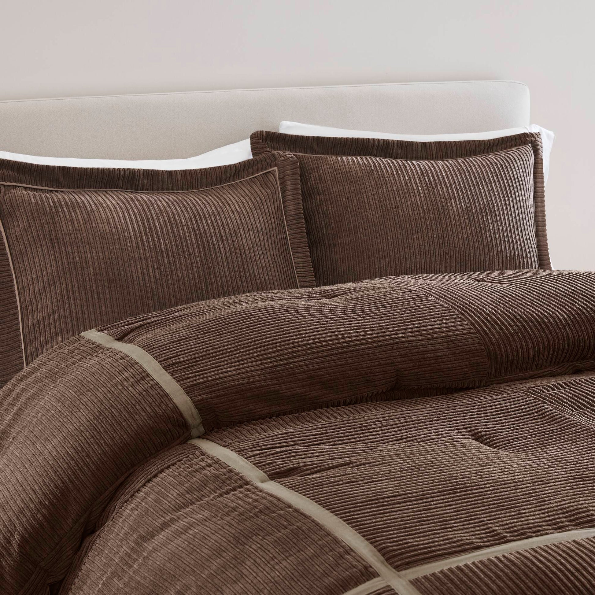 7 Piece Micro Corduroy Comforter Set Brown King Brown Polyester