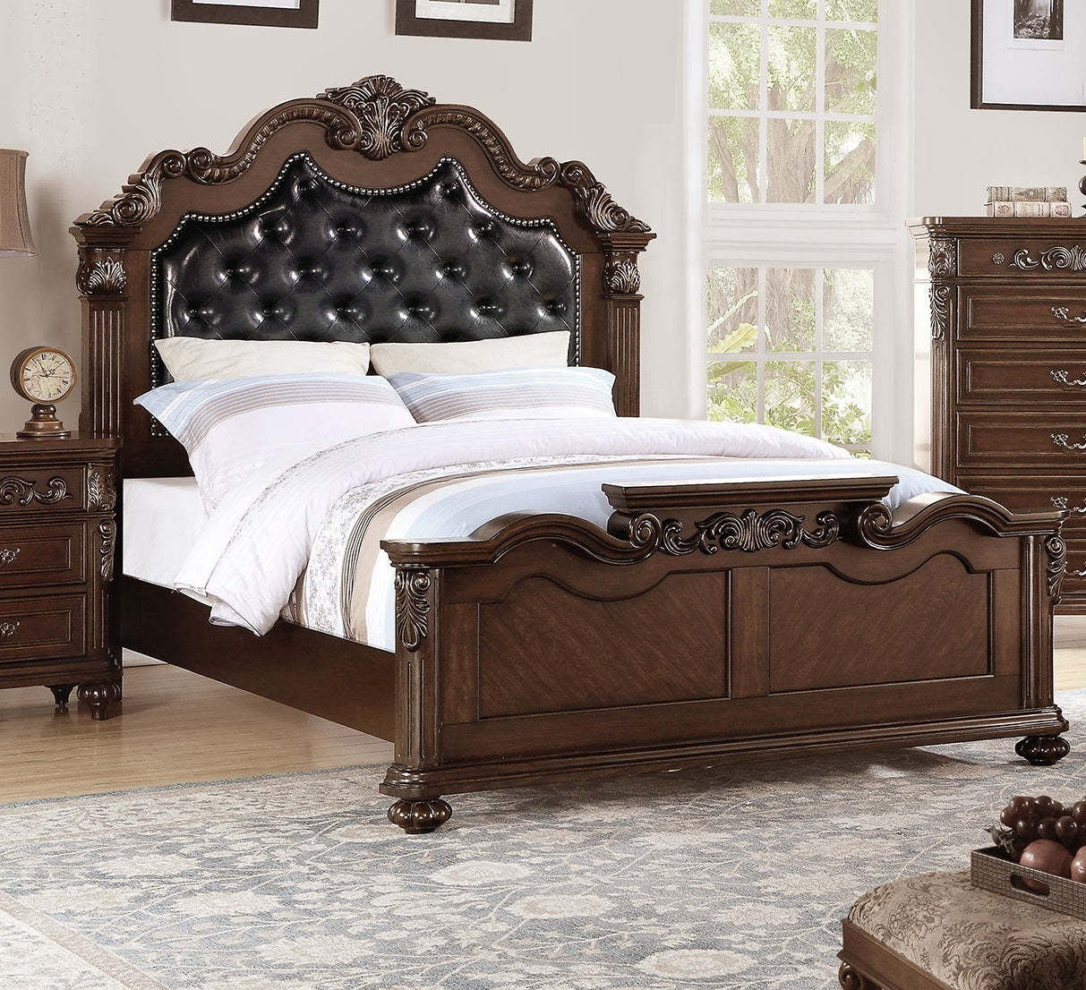 Gorgeous Traditional Antique Cherry 1Pc Queen Size Bed Tufted Faux Leather Headboard Wooden Bedframe Box Spring Required Queen Cherry,Walnut Wood Bedroom Classic,Luxury,Traditional Pine Bed Frame