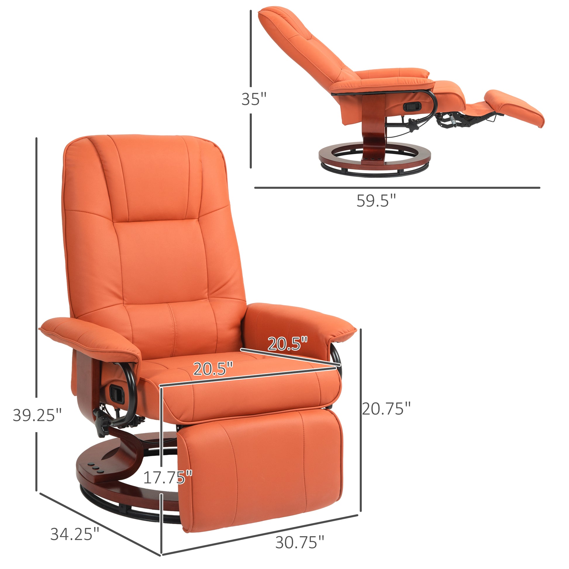 Homcom Faux Leather Manual Recliner, Adjustable Swivel Lounge Chair With Footrest, Armrest And Wrapped Wood Base For Living Room, Orange Orange Wood